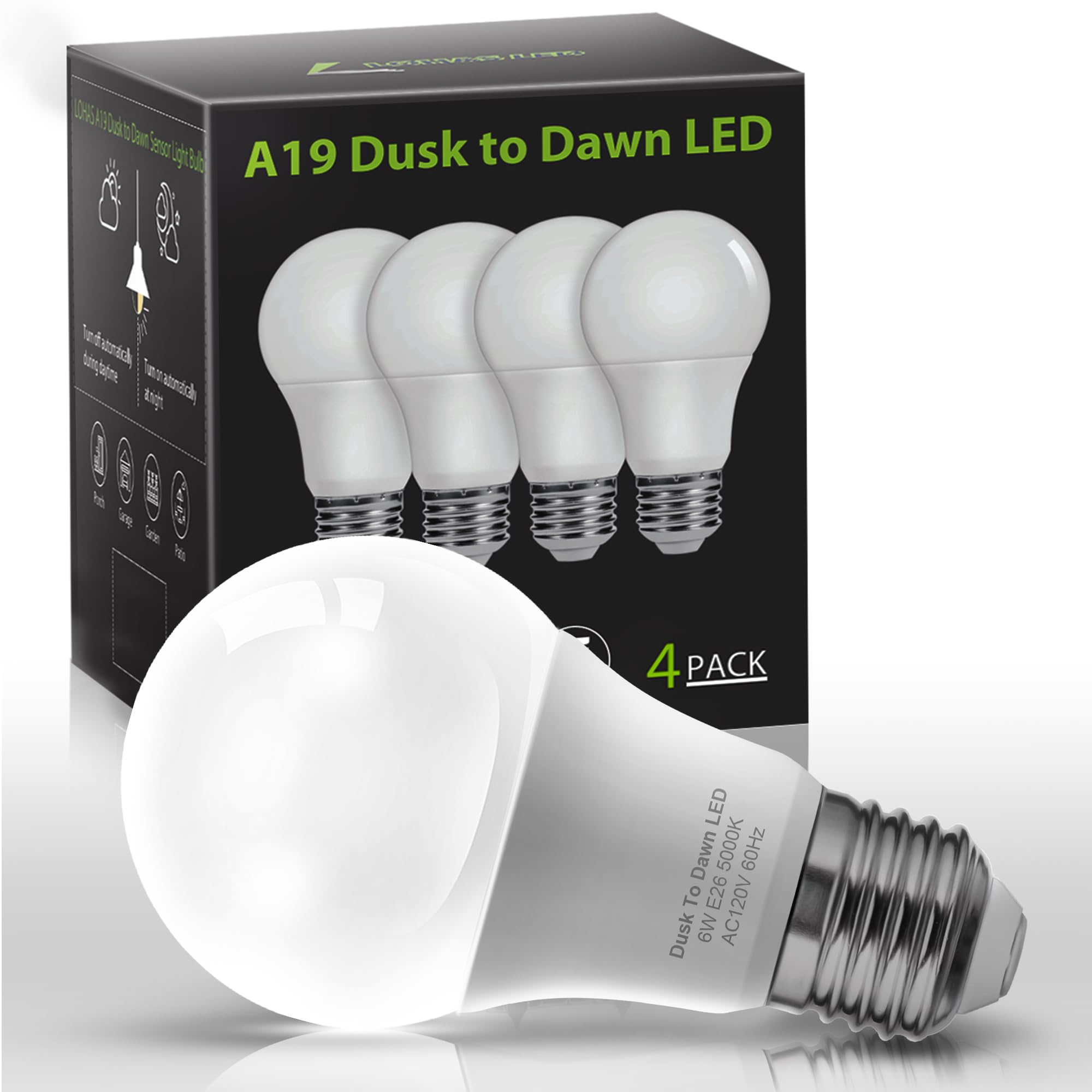 L LOHAS LED Dusk to Dawn LED Light Bulbs, 40W Equivalent LED Outdoor Lighting, Daylight 5000K, Automatic On/Off Outdoor Light, A