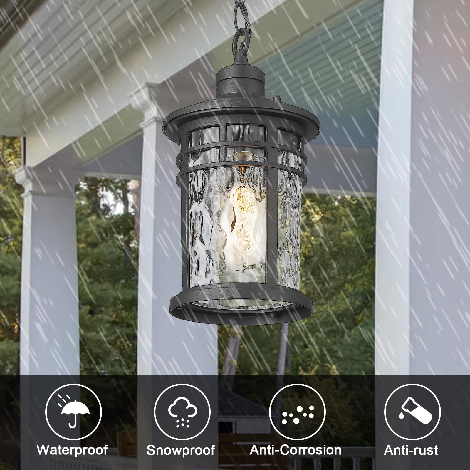 Darkaway Outdoor Pendant Lights - Black Aluminum Chandelier with Water Ripple Glass, Medium Size for Porch & Patio, Model 6X20H