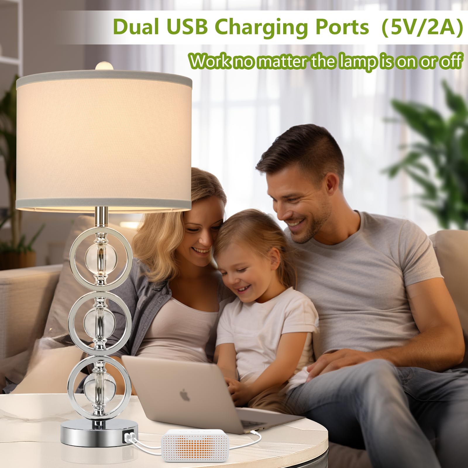 Set Of 2 Modern Silver Table Lamps With 2 Usb Charging Ports, 27 Tall Crystal Bedside Nightstand Lamp With White Fabric Shade, G