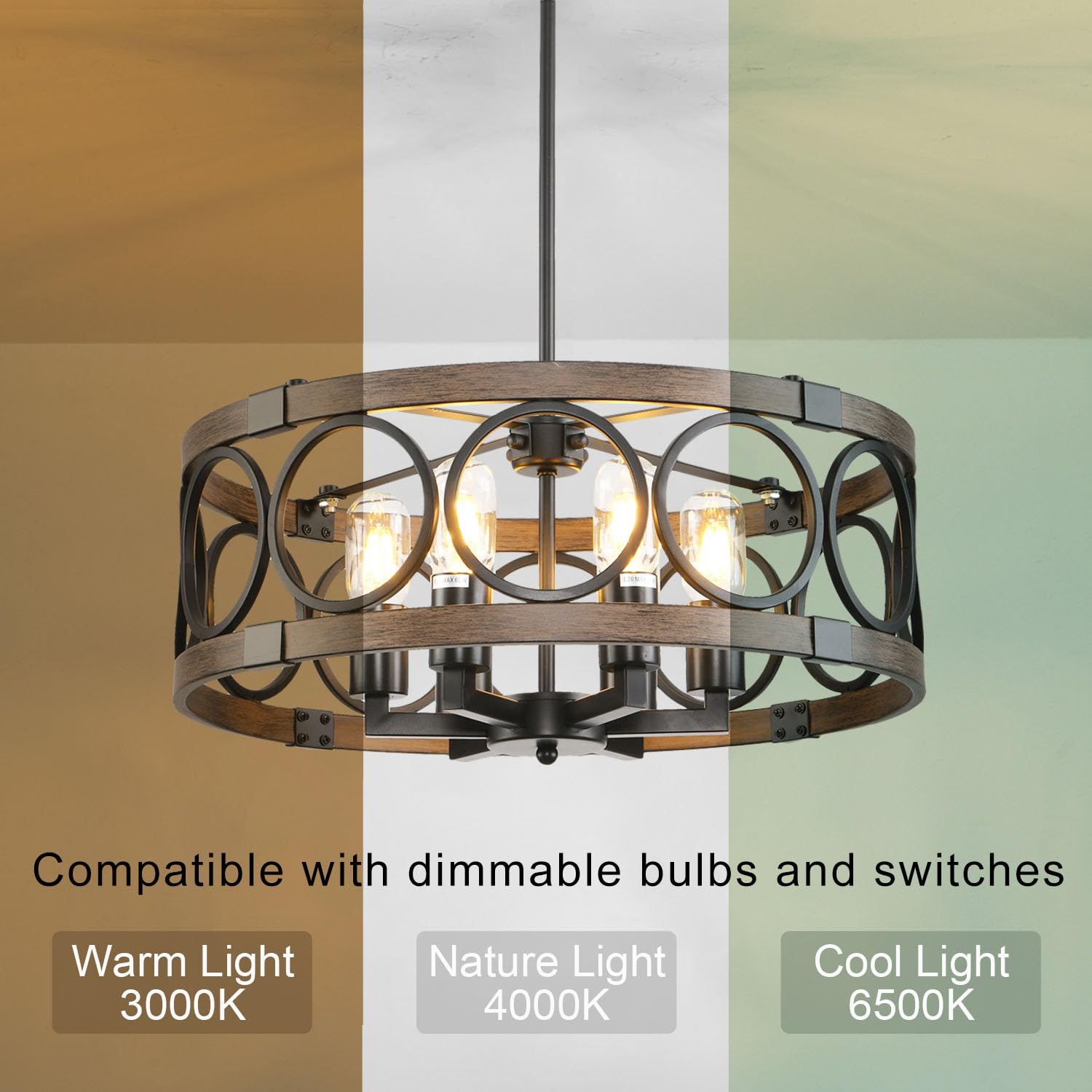 Shiandar Semi Flush Mount Ceilnig Light,6-Light Farmhouse Chandelier Rustic,Modern Light Fixture Ceiling Mount Round Metal Vintage Chandelier Dining Room Light Fixtures For Kitchen