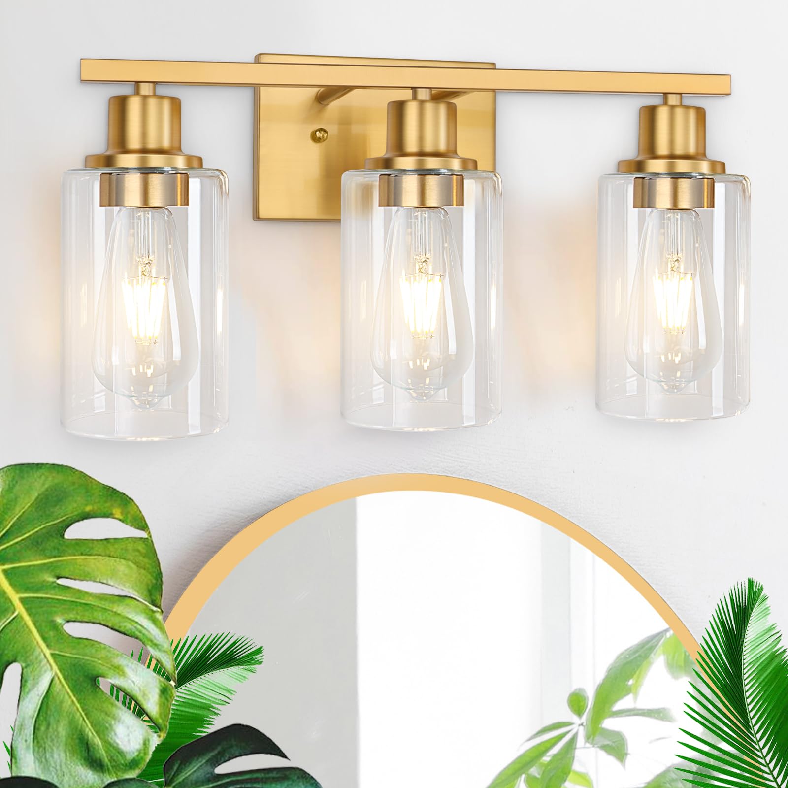 Apenath Gold Bathroom Wall Lights Brushed Brass 3-Light Vanity Light Fixtures Modern Wall Sconces With Clear Glass Shade, Bathro