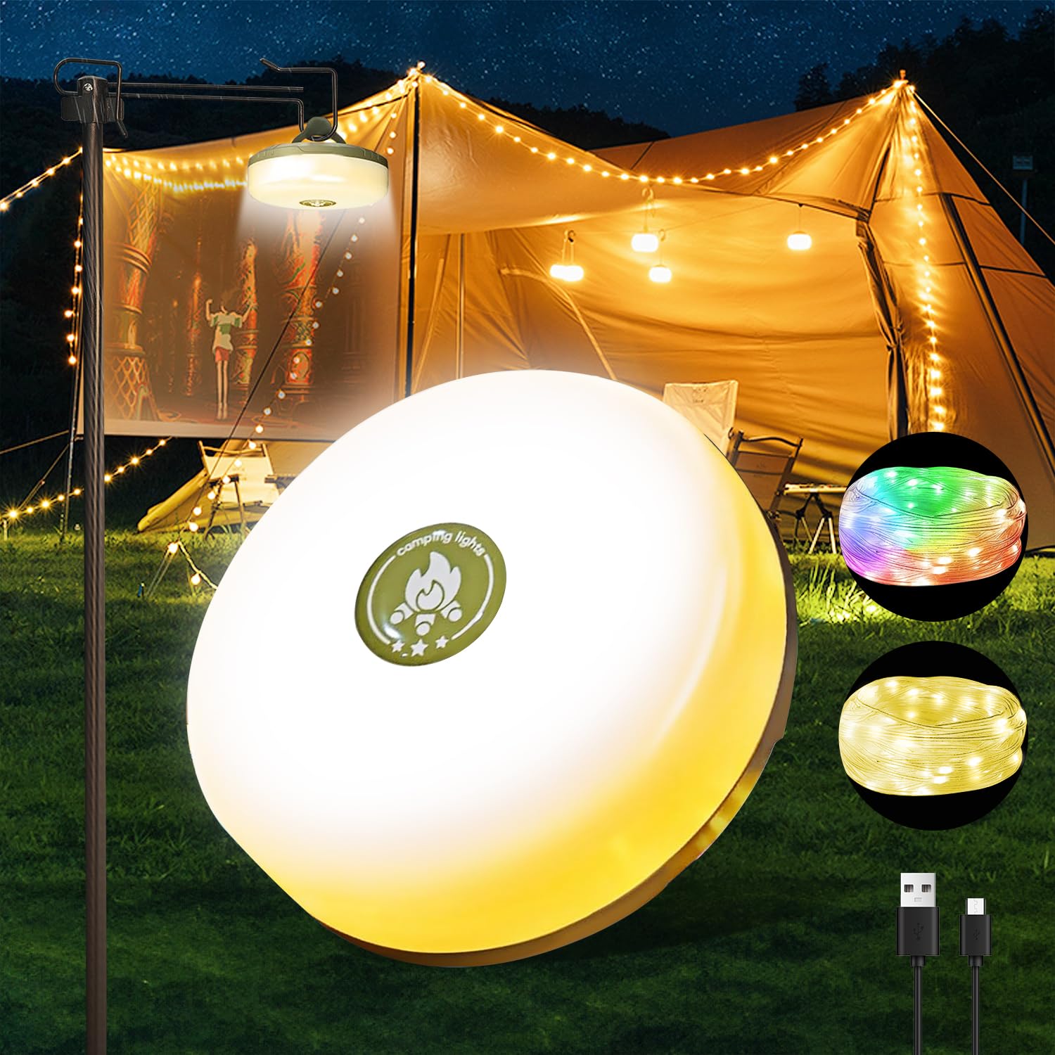 Camping String Lights,Camping Essentials Gear 32.8FT Lamp Lights Waterproof, 4 in 1 Outdoor String Lights with 8 Modes for Awn T