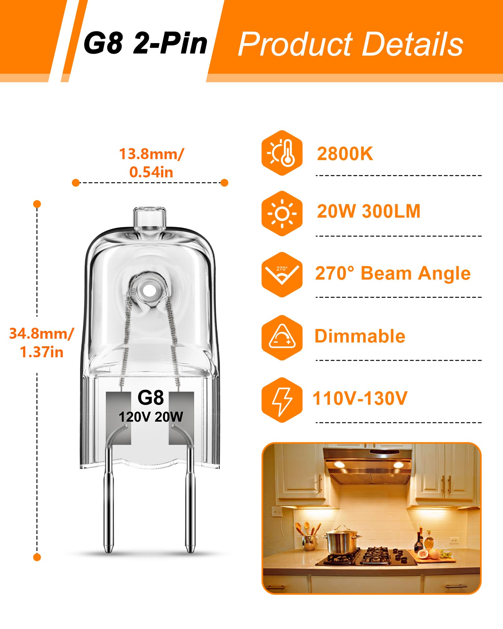 Flaspar G8 Halogen Light Bulbs, 20W Bi-Pin Base, 120V Dimmable T4 Jcd Type For Microwave Hood, Warm White Under Cabinet Puck Lig
