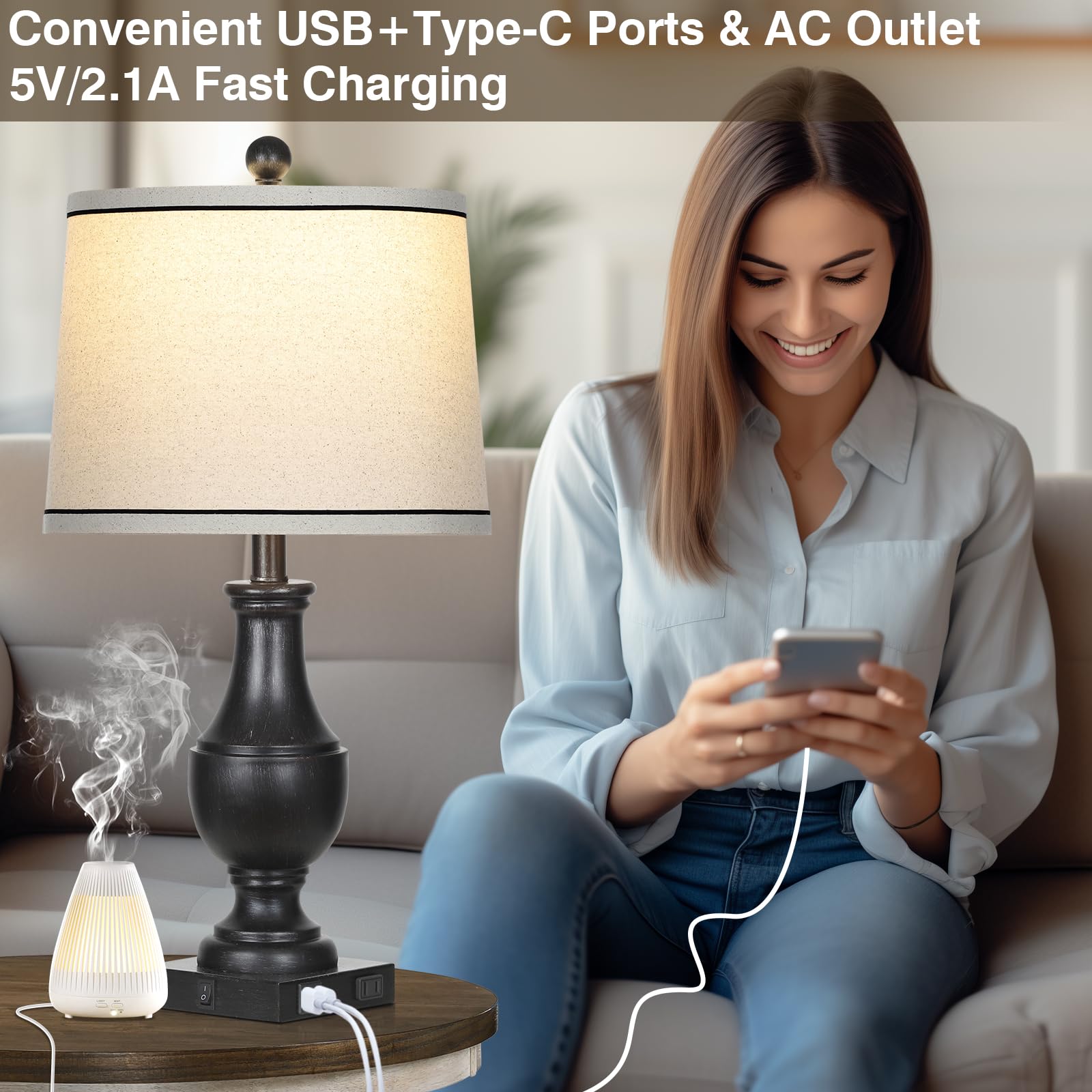 Rinweey Table Lamps For Living Room Set Of 2, Farmhouse Vintage Table Lamp With Usb A+C Charging Ports & Ac Outlet, 25'' Black R