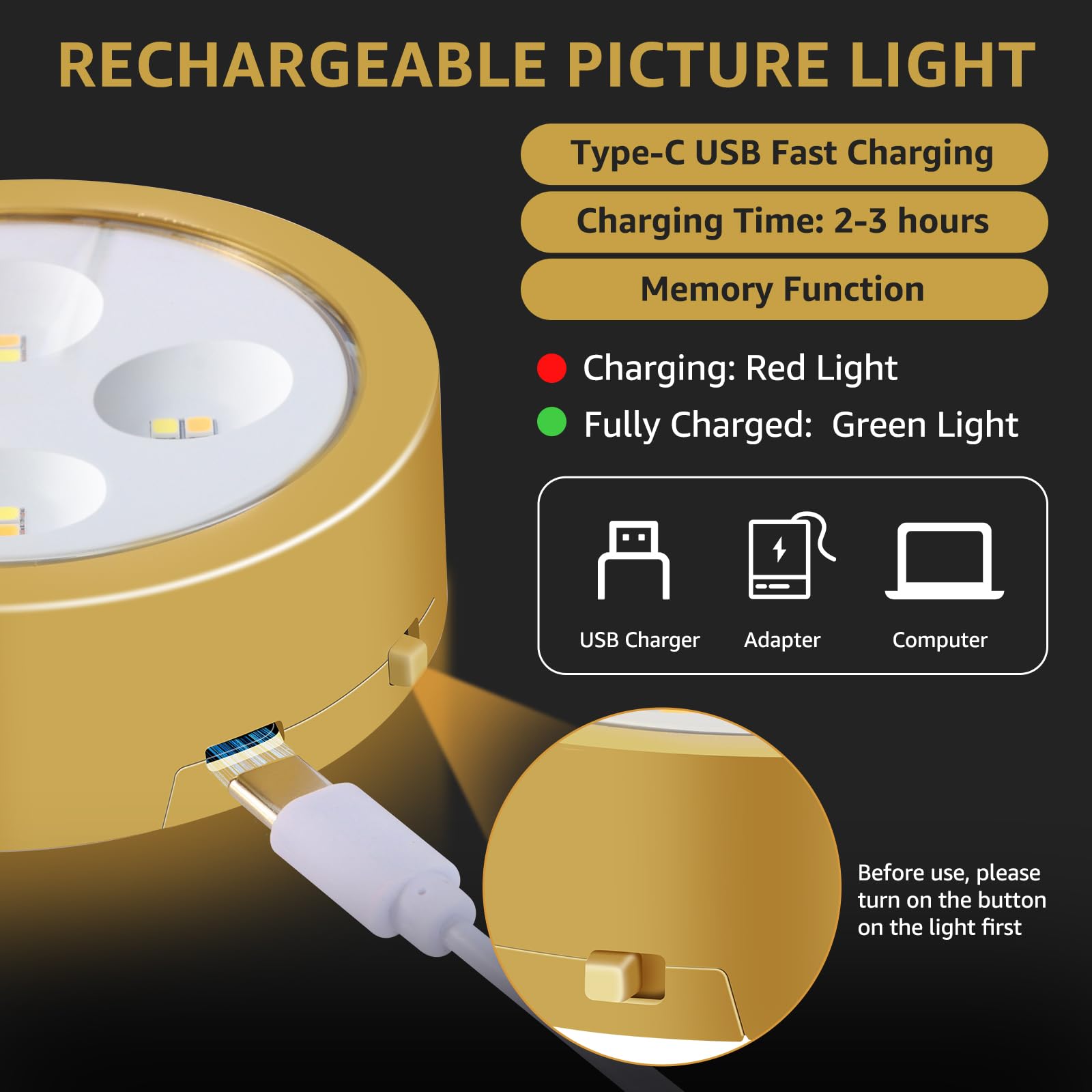 3-Pack Picture Lights For Wall, Rechargeable Battery Operated Painting Light With Remote Control Dimmable And Timer, 3 Lighting