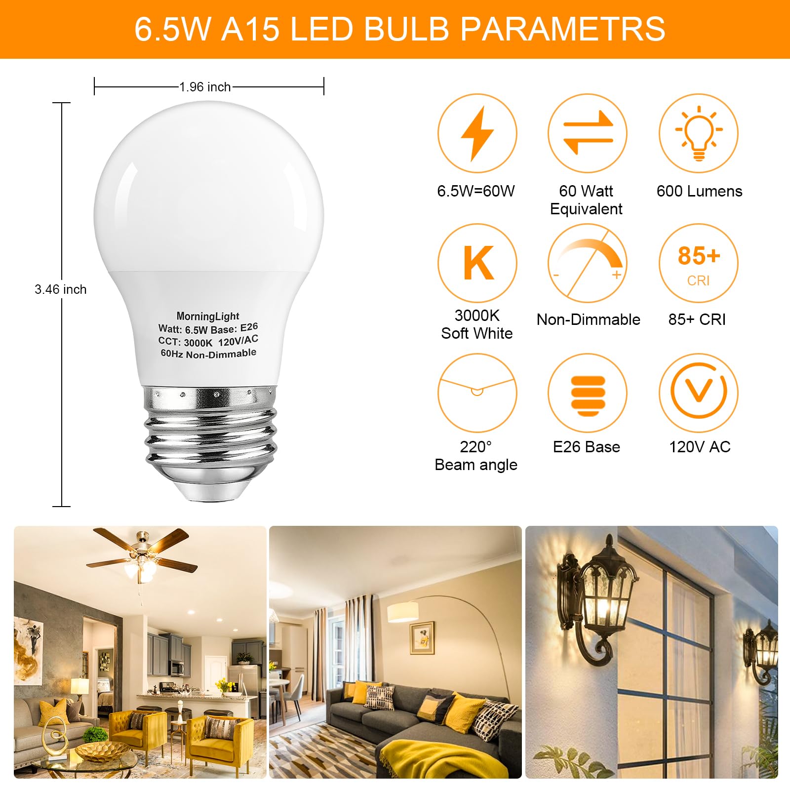 Morninglight A15 Led Bulb 60Watt Equivalent, 3000K Soft White, 600 Lumens Bulb, E26 Base, Non-Dimmable, Etl Listed, A15 6.5W Led