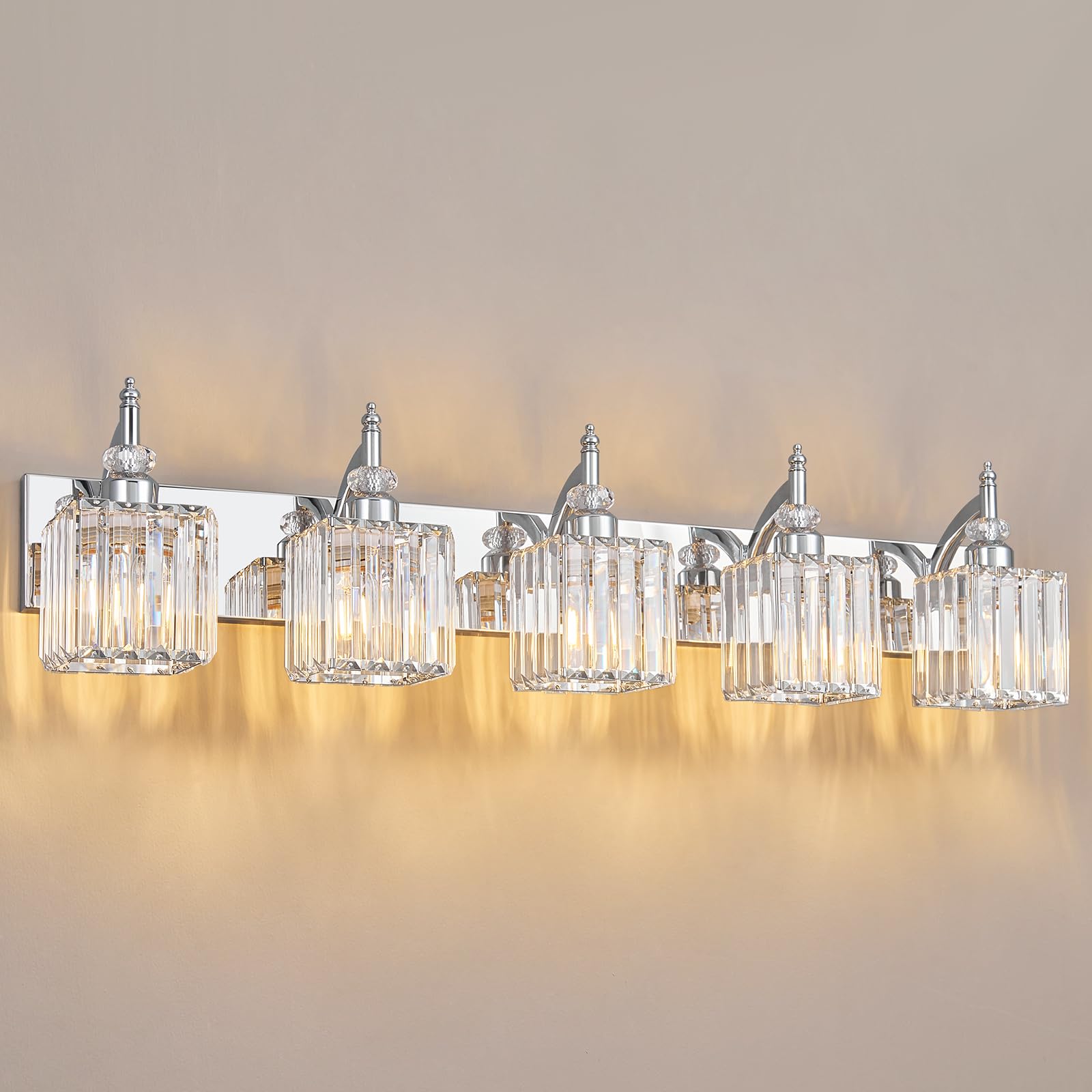 BBLLWJ Crystal Vanity Light Fixtures, 5-Light Modern Bathroom Lighting, Chrome Finish, Model 655