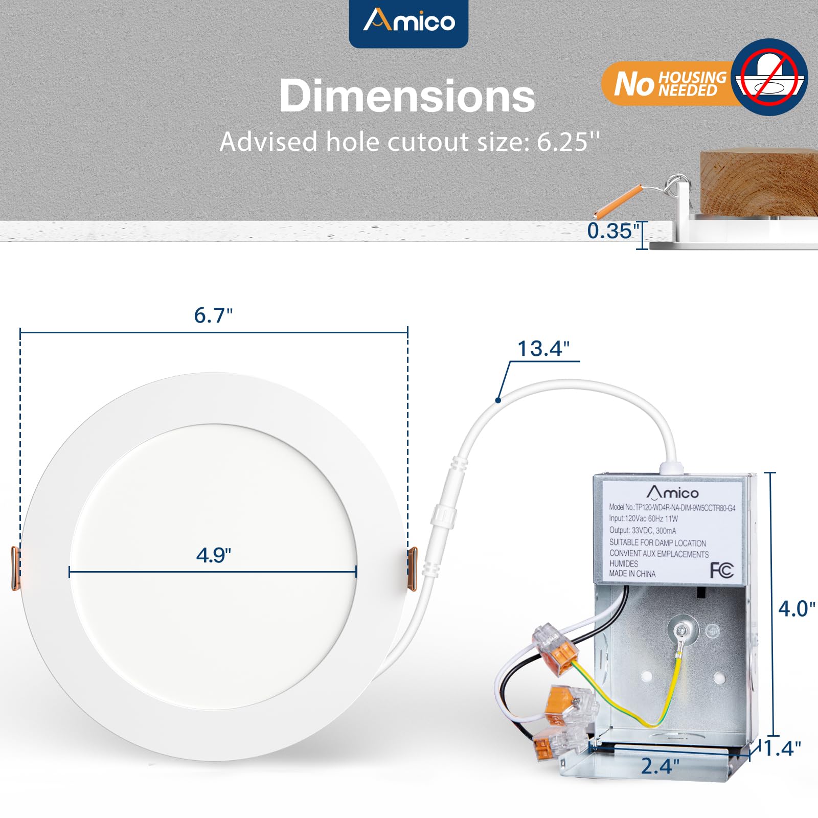Amico 20 Pack 6 Inch 5Cct Ultra-Thin Led Recessed Ceiling Light With Junction Box, 2700K/3000K/4000K/5000K/6000K Selectable, 12W