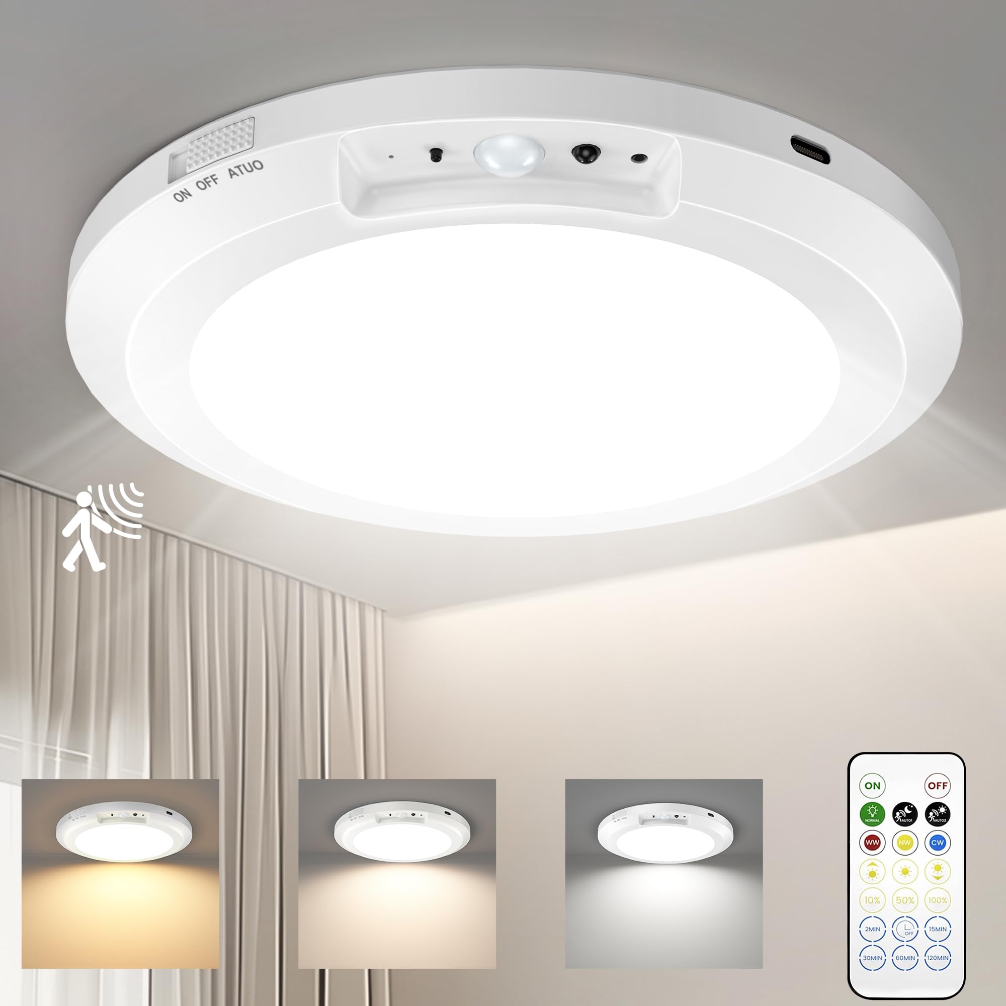 Yunaking Rechargeable Ceiling Light with Motion Sensor: Battery Operated LED Closet Light with Remote & Timing - Wireless Dimmab