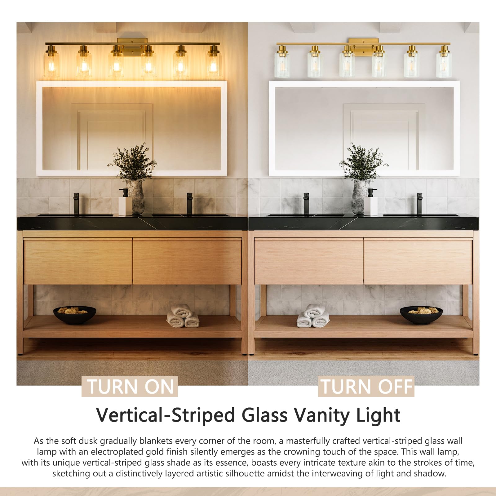 Jonsi 6-Light Brushed Gold Bathroom Vanity Light Fixture with Glass Shade, 44.7 Inch, E26 Wall Sconces for Bathroom, Living Room, Hallway