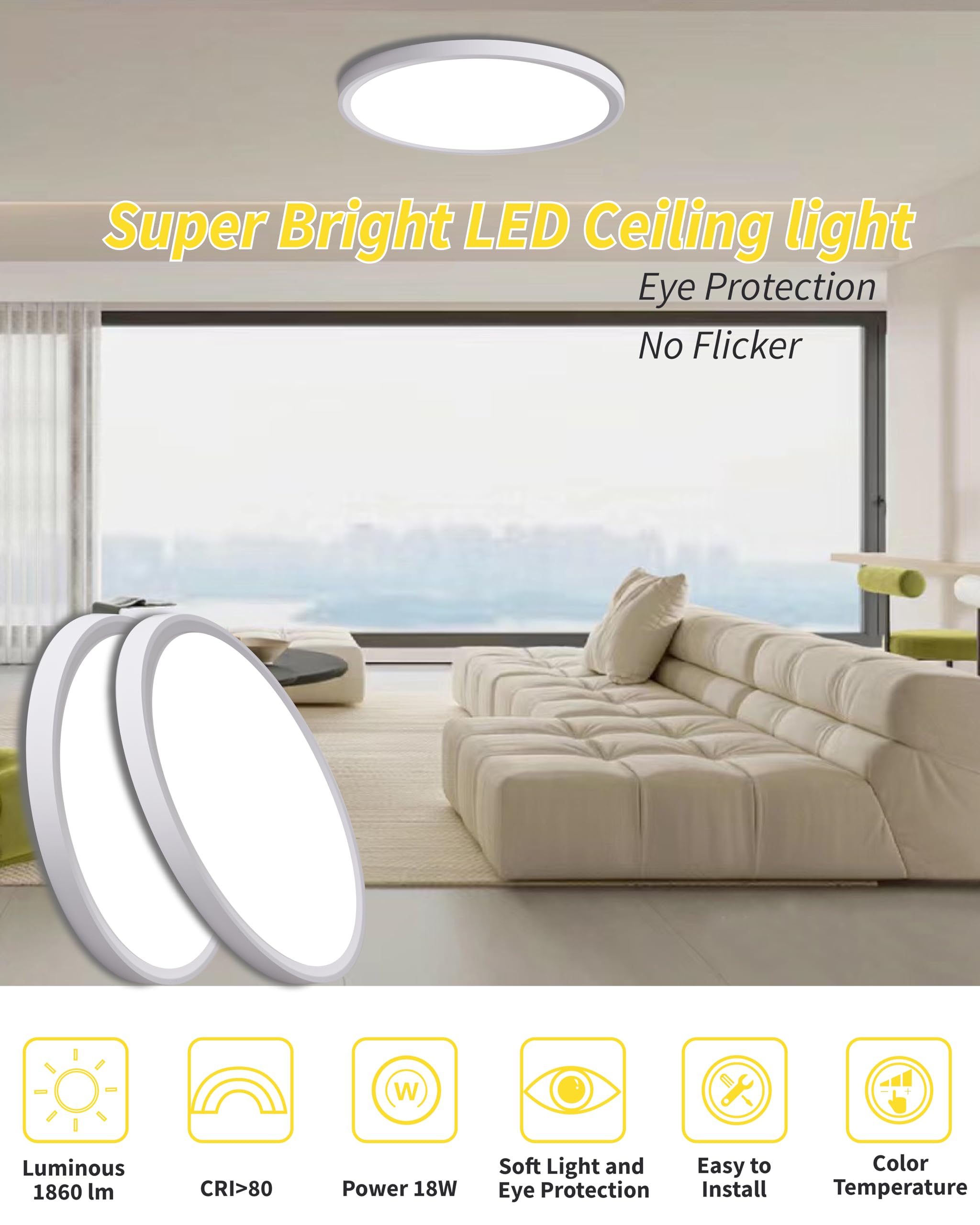 6Pack 9 Inch Flush Mount Ceiling Light, 18W Led Ceiling Light, 3000K/4000K/6000K Selectable 1860Lm Ceiling Light, Super Slim Led