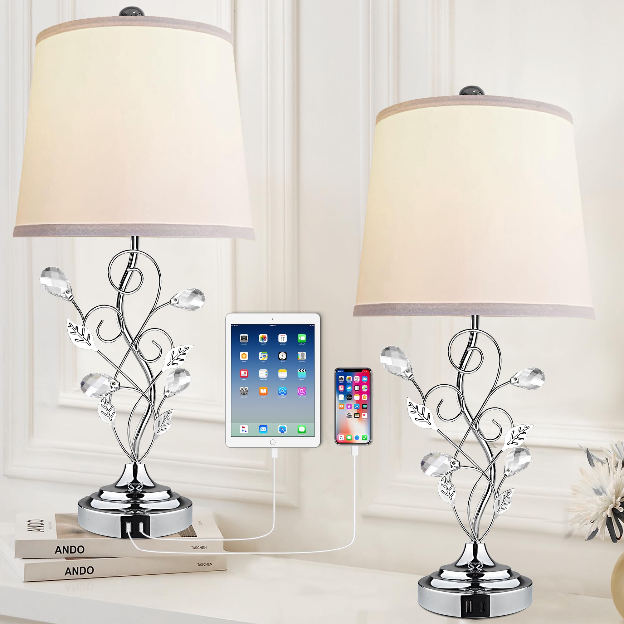 Sheetea 24.5in Modern Table Lamps for Living Room Set of 2, Silver Lamps for Bedroom with 2 USB Charging Ports, White Bedside La