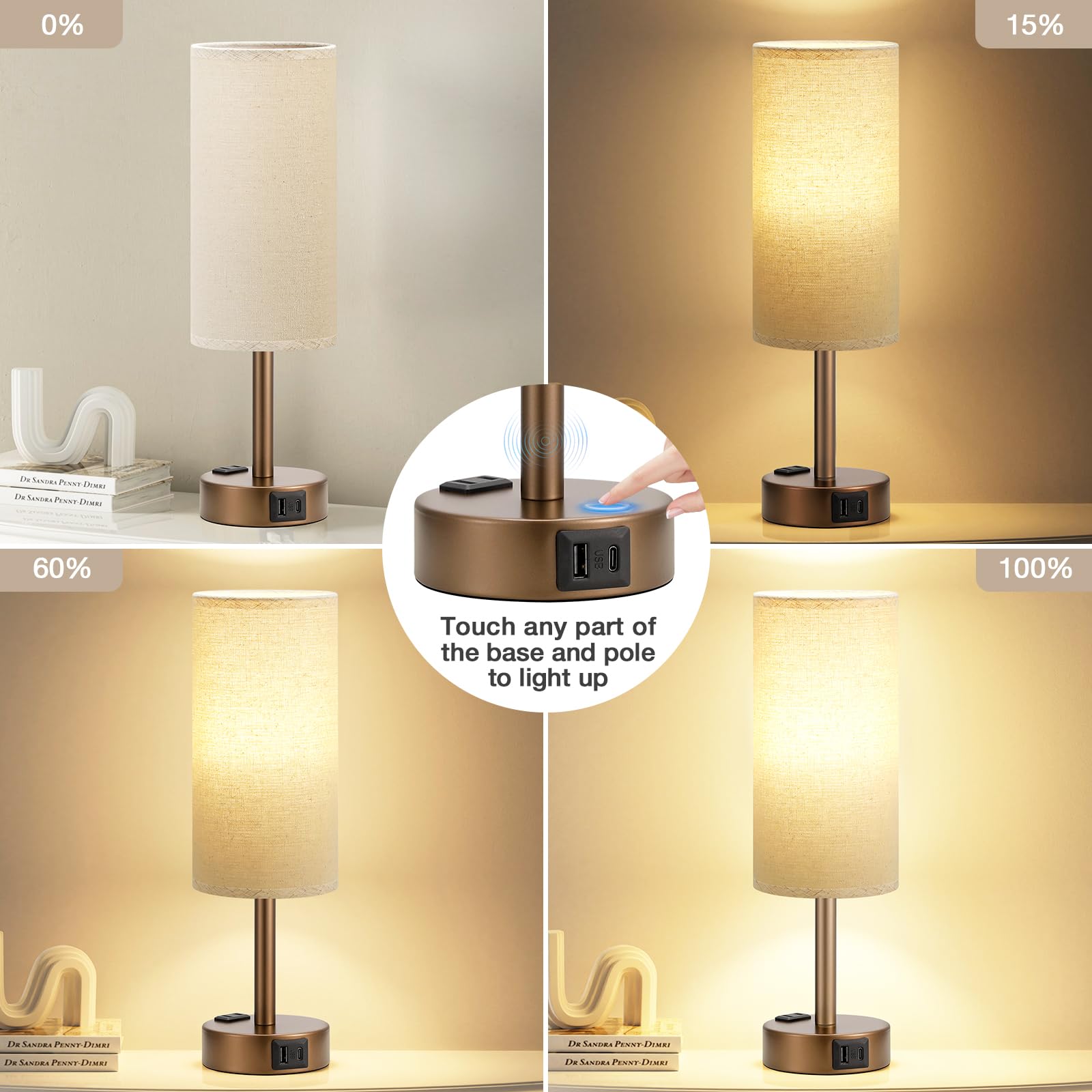 Fenmzee Brown Bedside Table Lamp For Bedroom - 3 Way Dimmable Touch Lamp Usb C Charging Ports And Ac Outlet, Small Lamp Round Fl