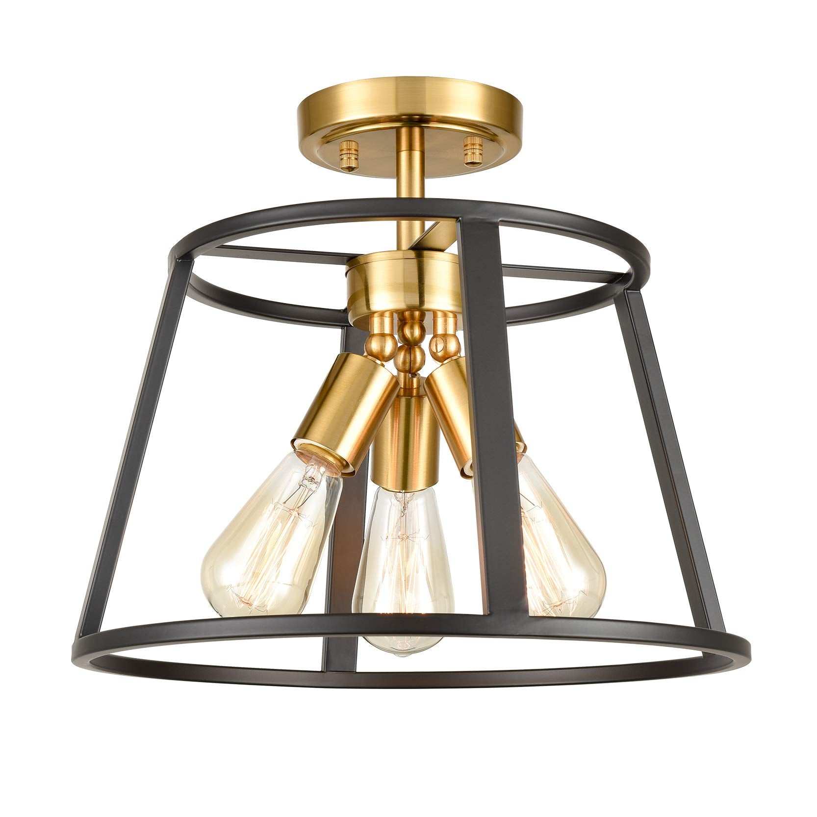 Hydelite 3-Light Farmhouse Semi Flush Mount Ceiling Light - Brass And Black Metal Fixture