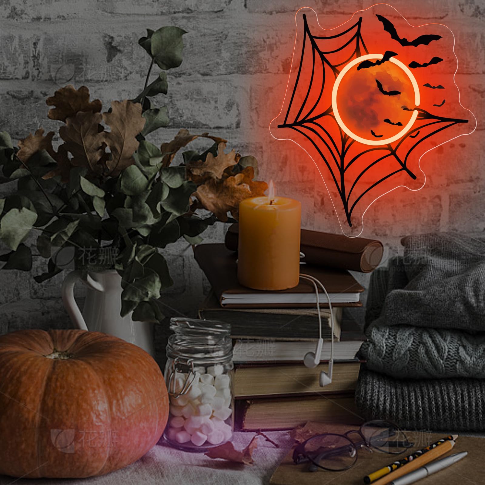 Spider Web Moon And Bats Corner Decor  Halloween Neon Sign  Fireplace Decor  Gift For Family  Spooky Wall Decoration  13.8X12.6
