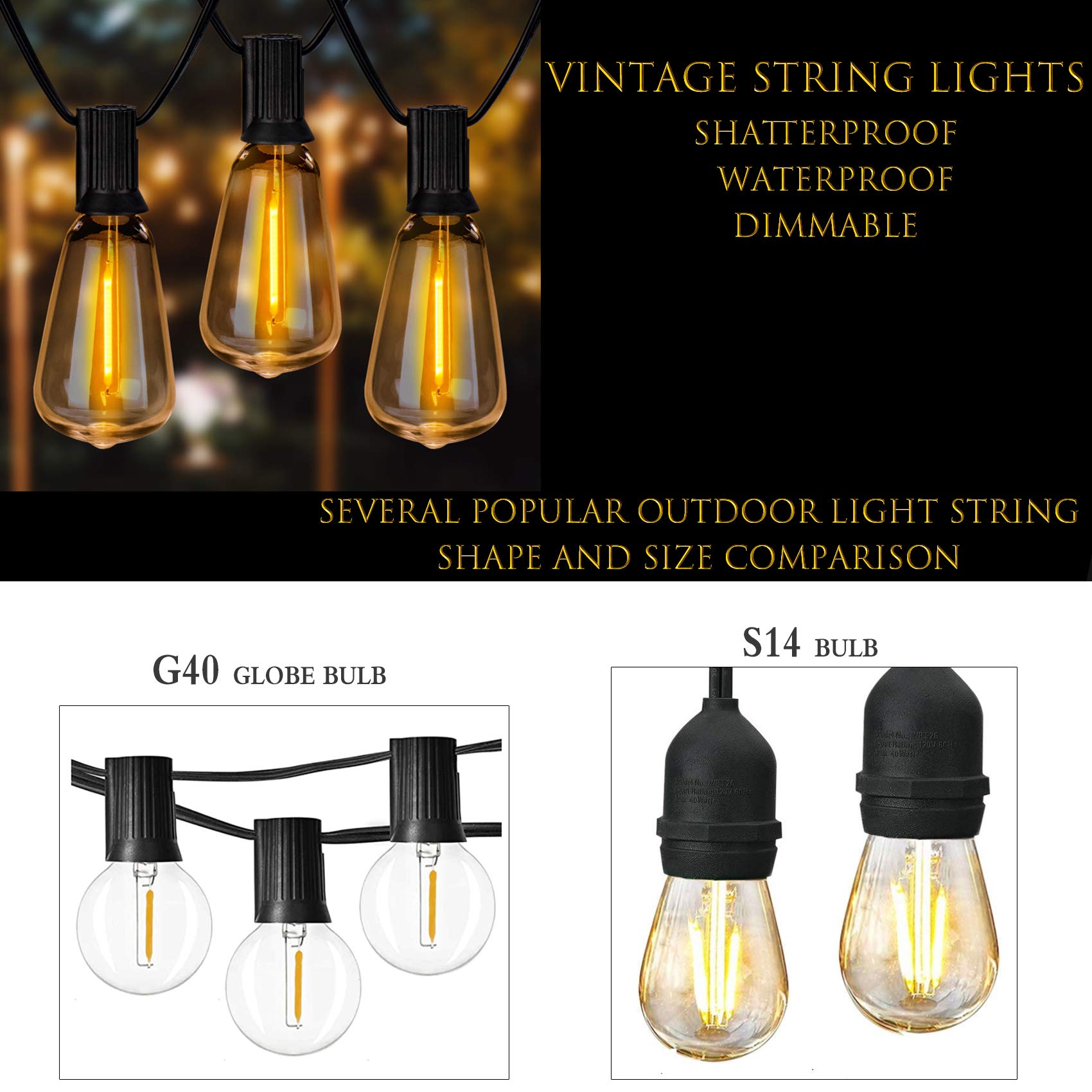 Newpow 36Ft Outdoor String Lights, Led Filament Bulbs, Dimmable, Shatterproof, Waterproof, Gold