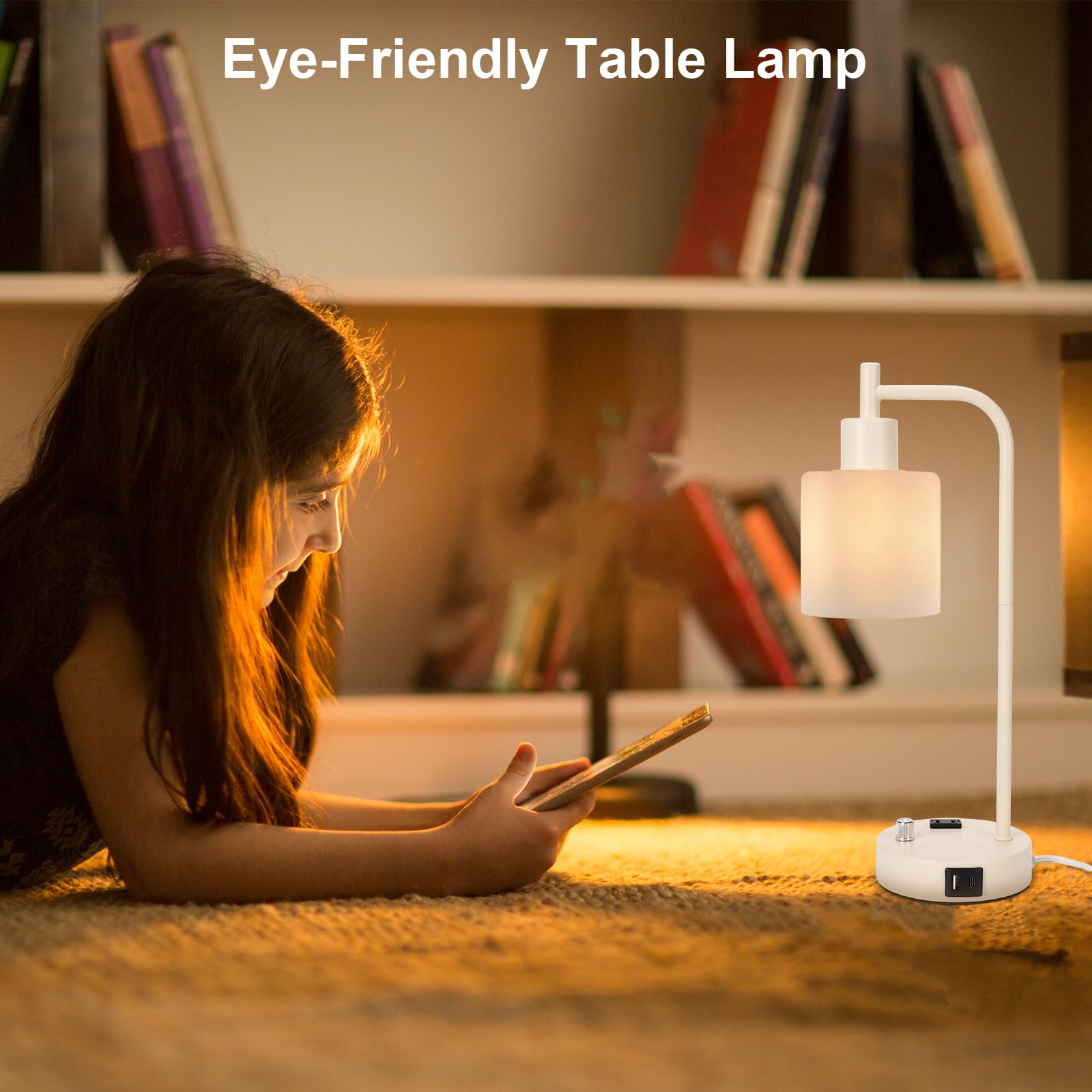 GLITI Industrial Table Lamp - Stepless Dimmable, 2 USB Ports, AC Outlet, Frosted Glass, Gold, Model T189, Perfect for Bedroom & Living Room