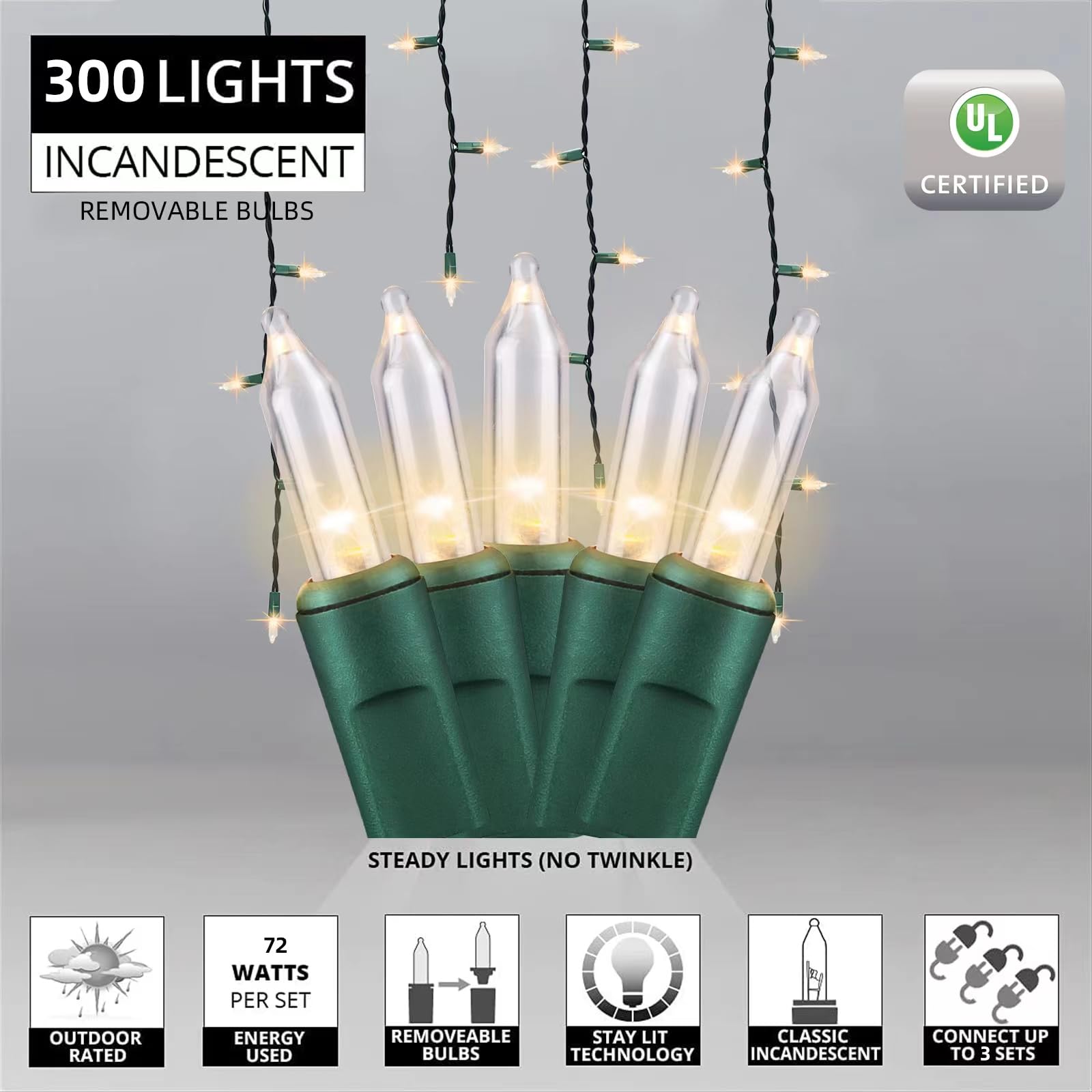 LAMPHOME Icicle Lights - 300 Count Clear - 27 FT Green Wire - Indoor/Outdoor Holiday Lighting - Model LX2362