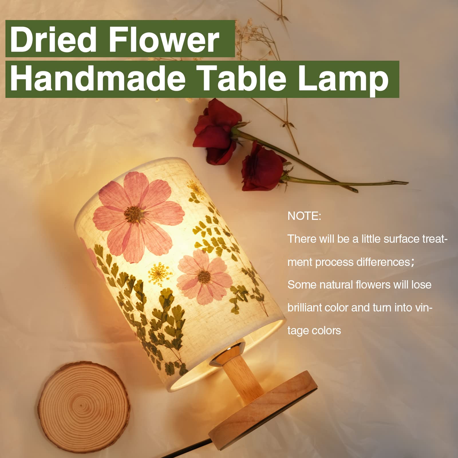 Floresita Dried Flowers Table Lamp 9W Led Dimmable Warm Light Pressed Flower Bedside Lamp Linen Shade With Wood Base For Bedroom