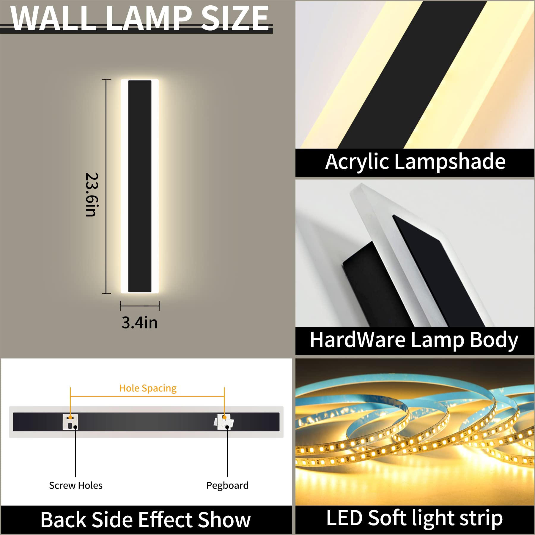 Mikeru Modern Outdoor Wall Light, 3000K-6000K Dimmable Outdoor Wall Sconce 23.6Inch Black Outdoor Exterior Lights With Remote Co