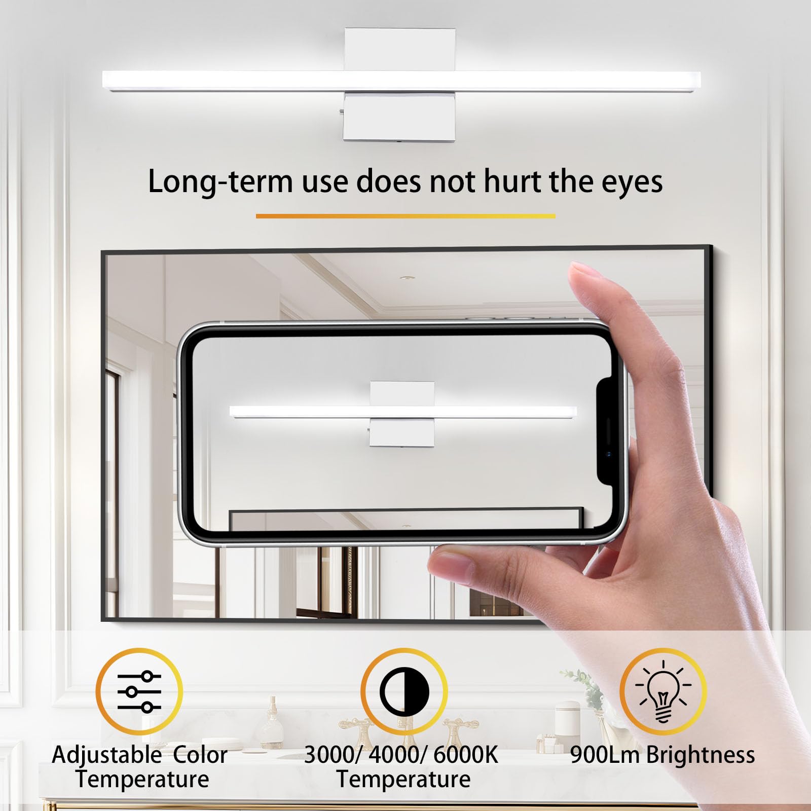 Amansour LED Bathroom Vanity Light 16in, Adjustable 3 Color Temperature, Chrome Finish, Model 31001