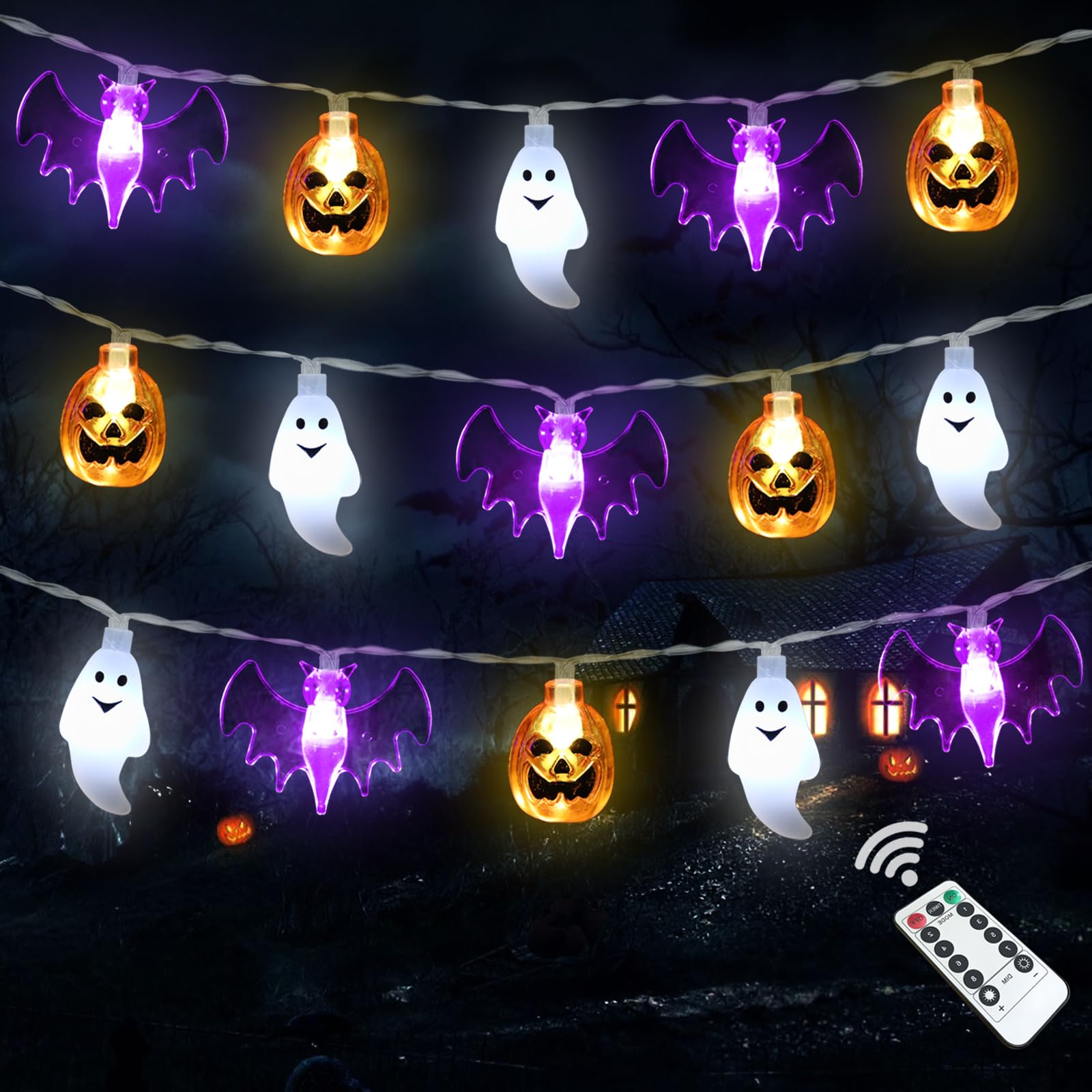 Zimati Halloween Lights 16Ft 30 Led Waterproof Pumpkin Bat Ghost String Lights With Timer