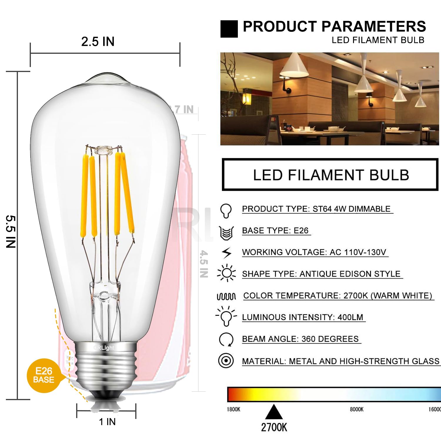 Crlight Dimmable Led Edison Bulb 4W 2700K Warm White, 6 Pack Vintage Filament St64 E