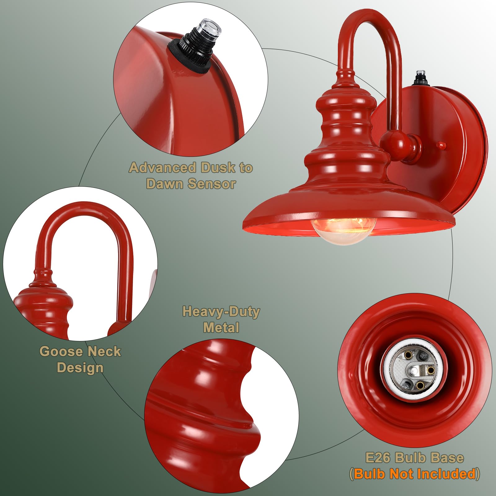 LONEDRUID Gooseneck Barn Light Fixture - Rustic Red Metal Outdoor Wall Sconce for Porch, Garage, and Patio
