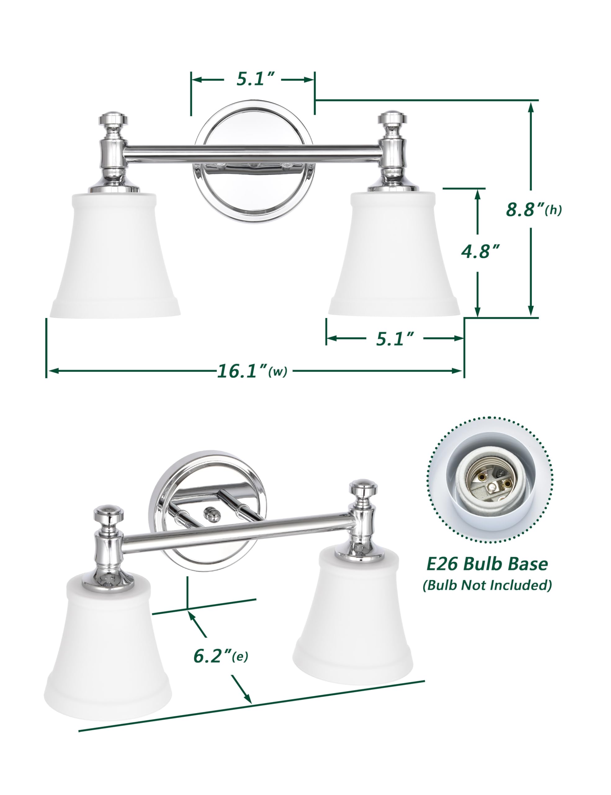Hanaloa Bathroom Vanity Light Fixtures, Traditional Chrome 2 Lights Wall Sconce Lighting With Opal Glass Shade, Porch Wall Mount Light Fixture For Bathroom, Mirror Cabinets Hallway Stairs