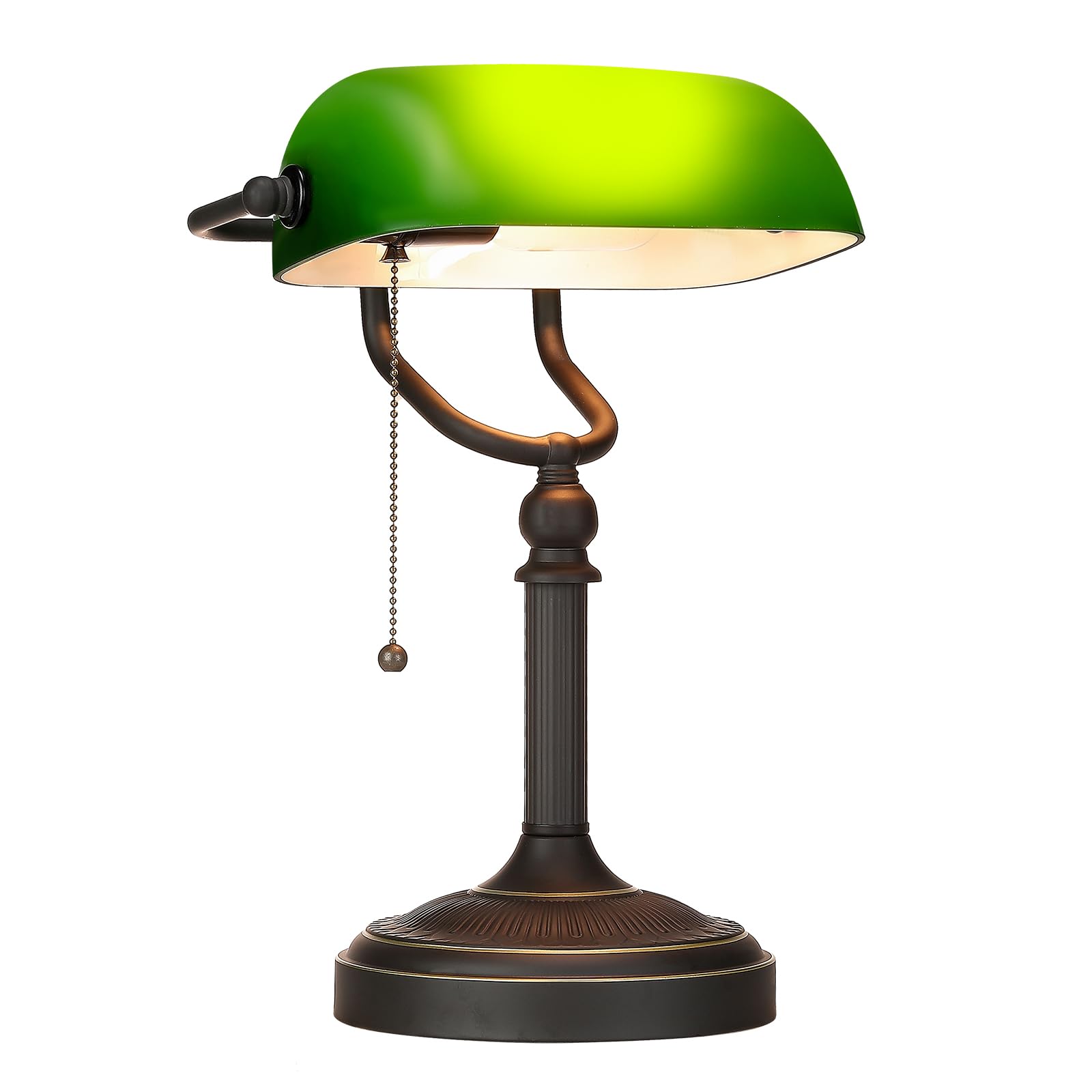 Newrays Antique Green Glass Bankers Desk Lamp, Classic Size, Model 9009, Pull Chain Switch, Green/Antique Black