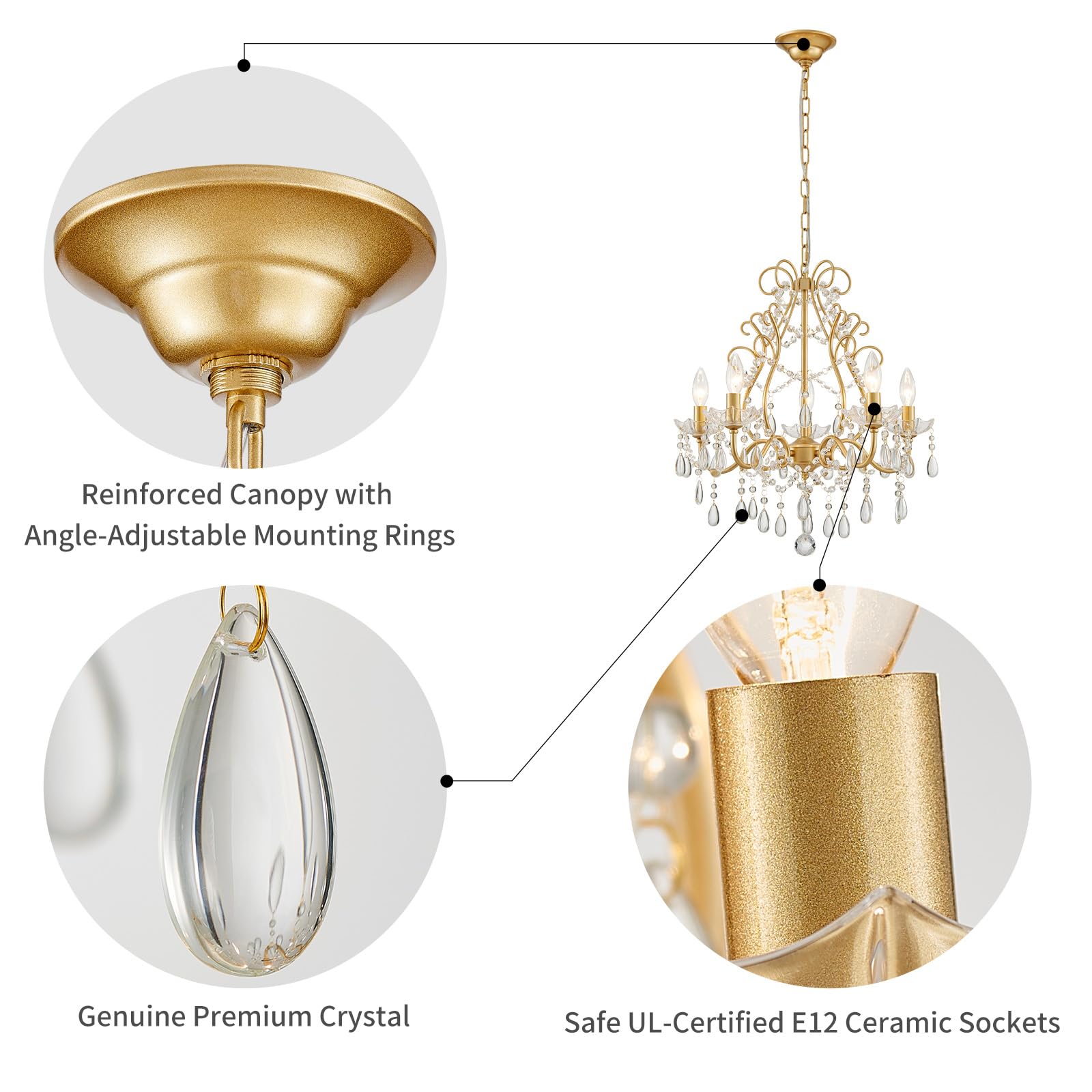 Wuzups 5-Light Crystal Candle Chandelier Pendant Ceiling Light Modern Lighting Fixture For Bedroom Hallway Bar Kitchen Bathroom  H 23.2 W 20.7  E12 Base  Gold