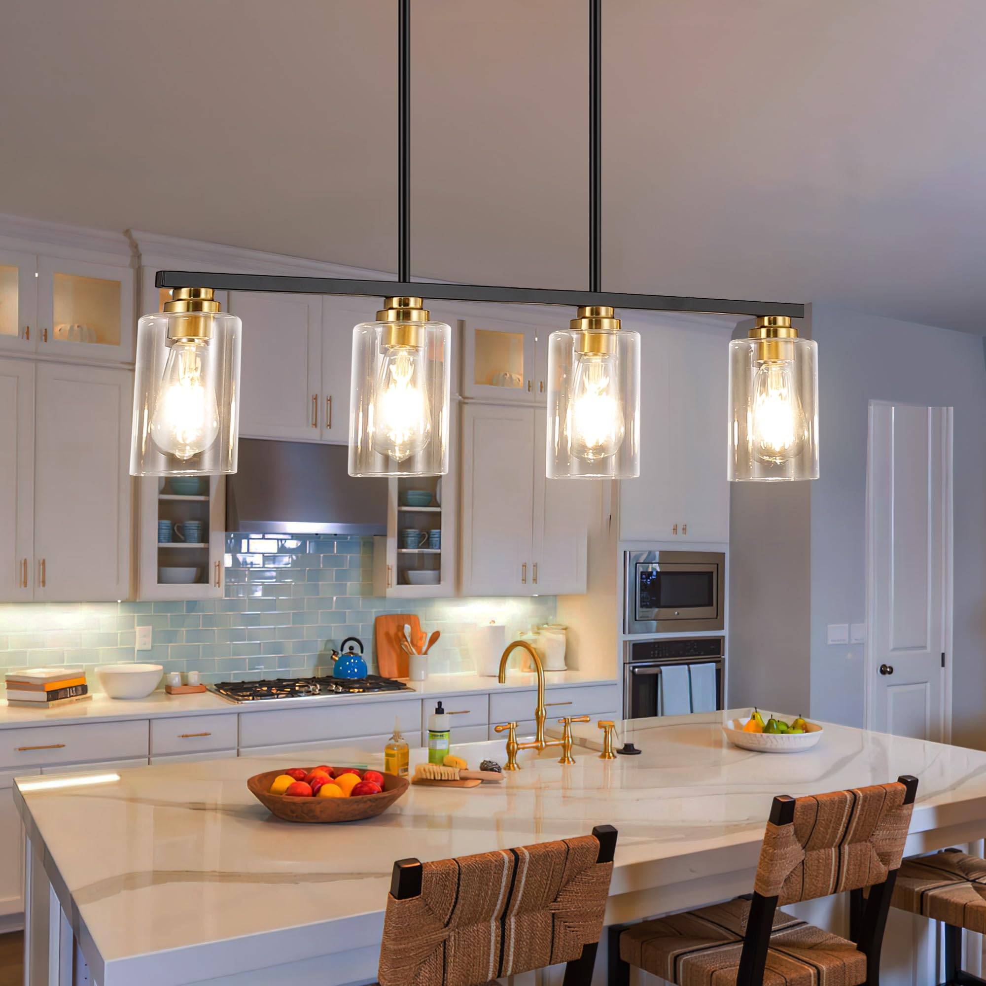 Mecgirn 4-Light Linear Chandelier Pendant Lighting, Black & Gold Metal Fixture for Kitchen Island & Dining Room, Model D0017-4-BG