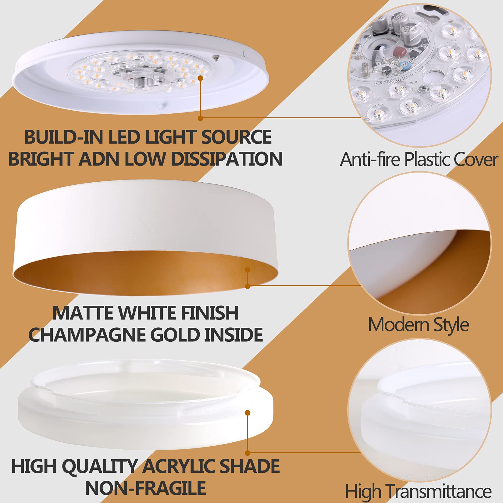 Bargeni Led Ceiling Light Fixture,12.5 Inch Flush Mount Light Fixture,Matte White With Gold Inside,Dimmable 3000K/Warm White/18W(100W Equiv.),Outdoor Lighting Fixtures Ceiling For Bedroom And Hallway