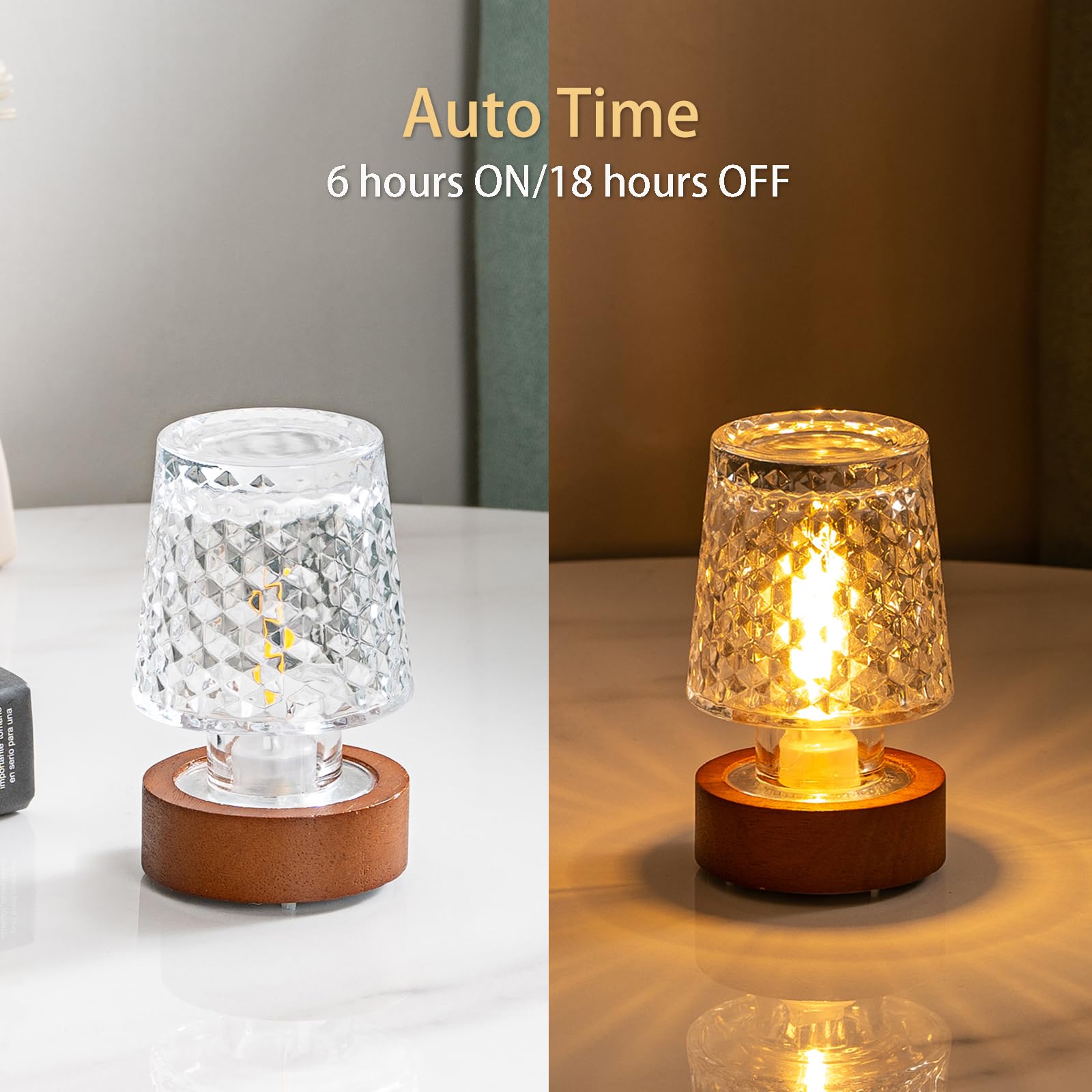 PWTZMYXGS Mini Battery Lamp, Vintage Crystal Night Light with Timer, Cordless Bedside Lamp for Bedroom, Model PWT-2-1-1