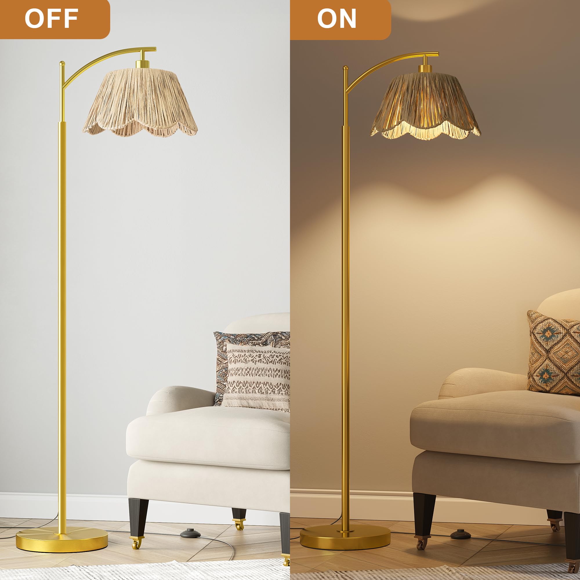 Oneach Arc Floor Lamp - Rattan Boho Design, Gold Metal Base, 62.5" Height, Foot Switch, Ideal for Living Room or Bedroom Corner