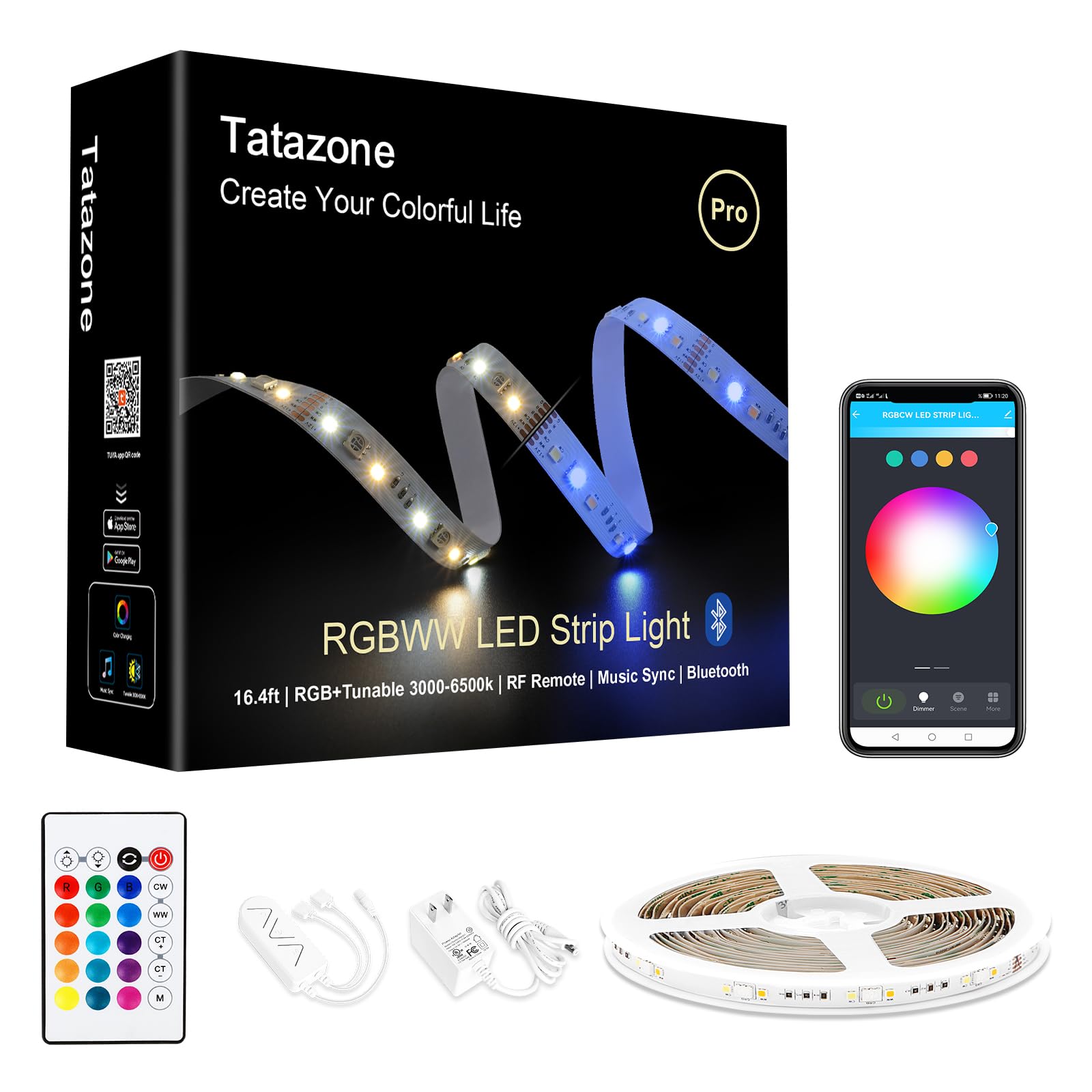 Tatazone RGBWW Bluetooth LED Strip Lights, 16.4FT Tunable White 3000K to 6500K+RGB Led Light Strips, Music Sync Color Changing I