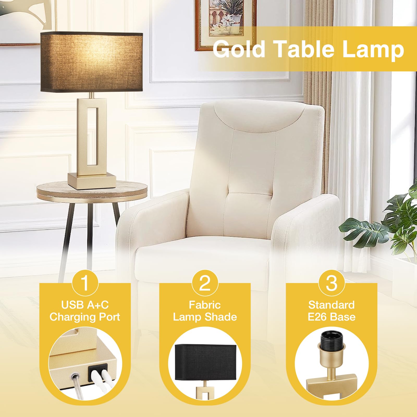 Bedroom Table Lamps Set Of 2 - Black Gold Touch Bedside Lamps With Usb C+A, 3 Way Dimmable Gold Lamp For Nightstand, Modern Nigh