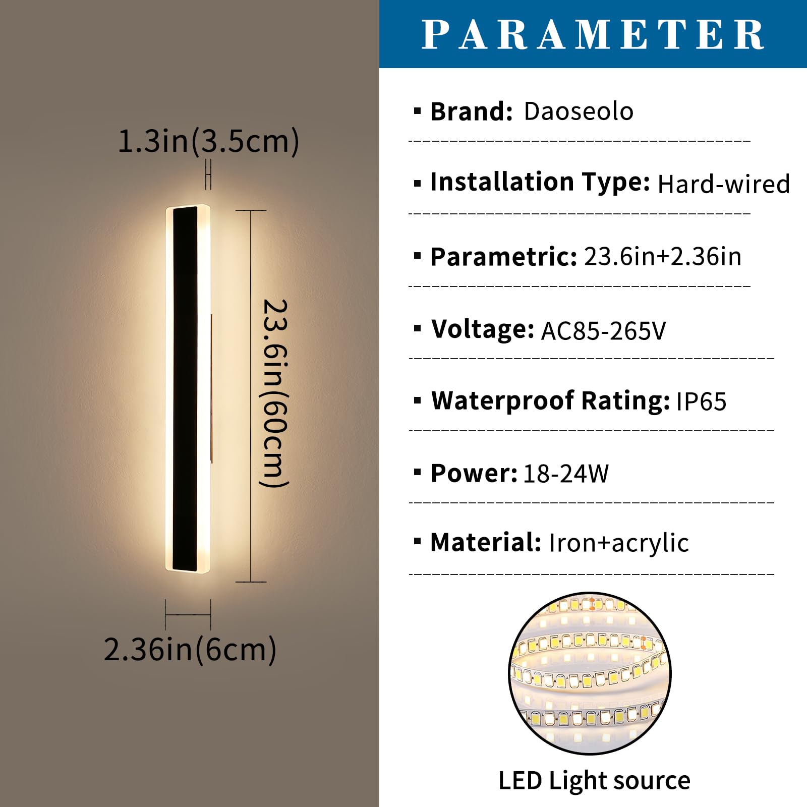 Daoseolo LED Outdoor Porch Light - 23.6" Modern Wall Sconce, IP65 Waterproof, 3 Color Temperatures, 24W, Acrylic, Model TC-FTBD-SS