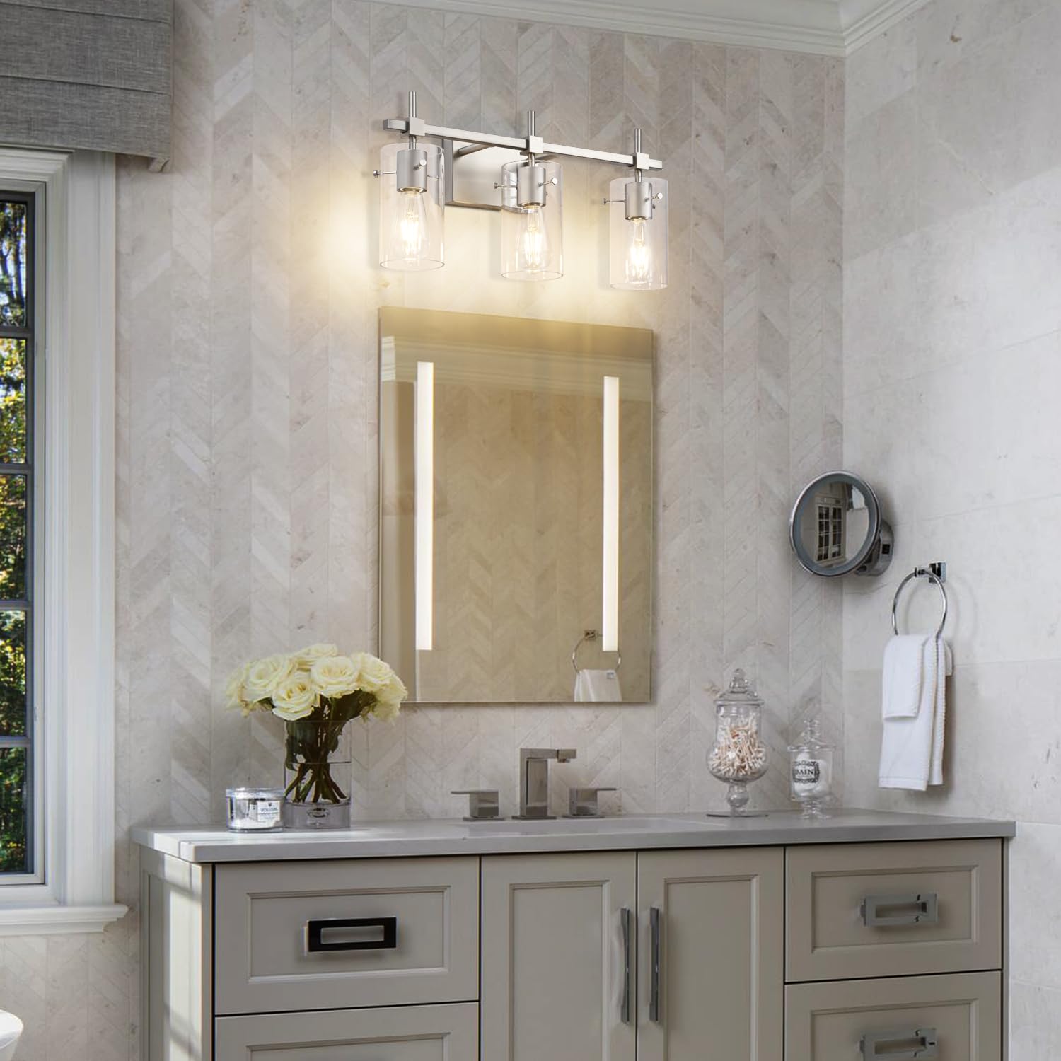 SOLFART 3 Lights Vanity Light Fixture, Brushed Nickel, Glass Shade, Model 7200-3T-NK, Vintage Bathroom Lighting Over Mirror