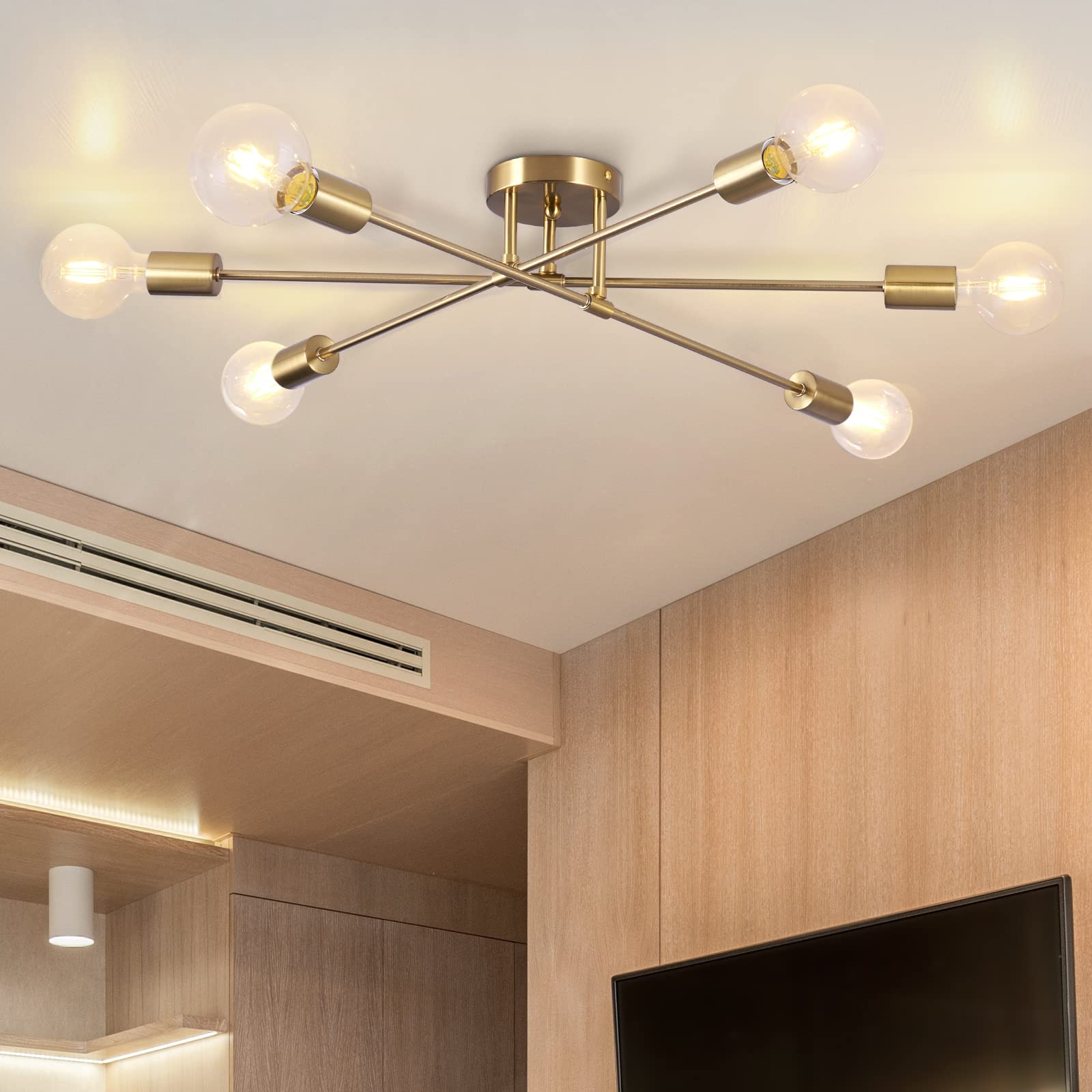 Brknit 6-Light Brass Semi Flush Mount Ceiling Light, Mid Century Industrial Chandelier