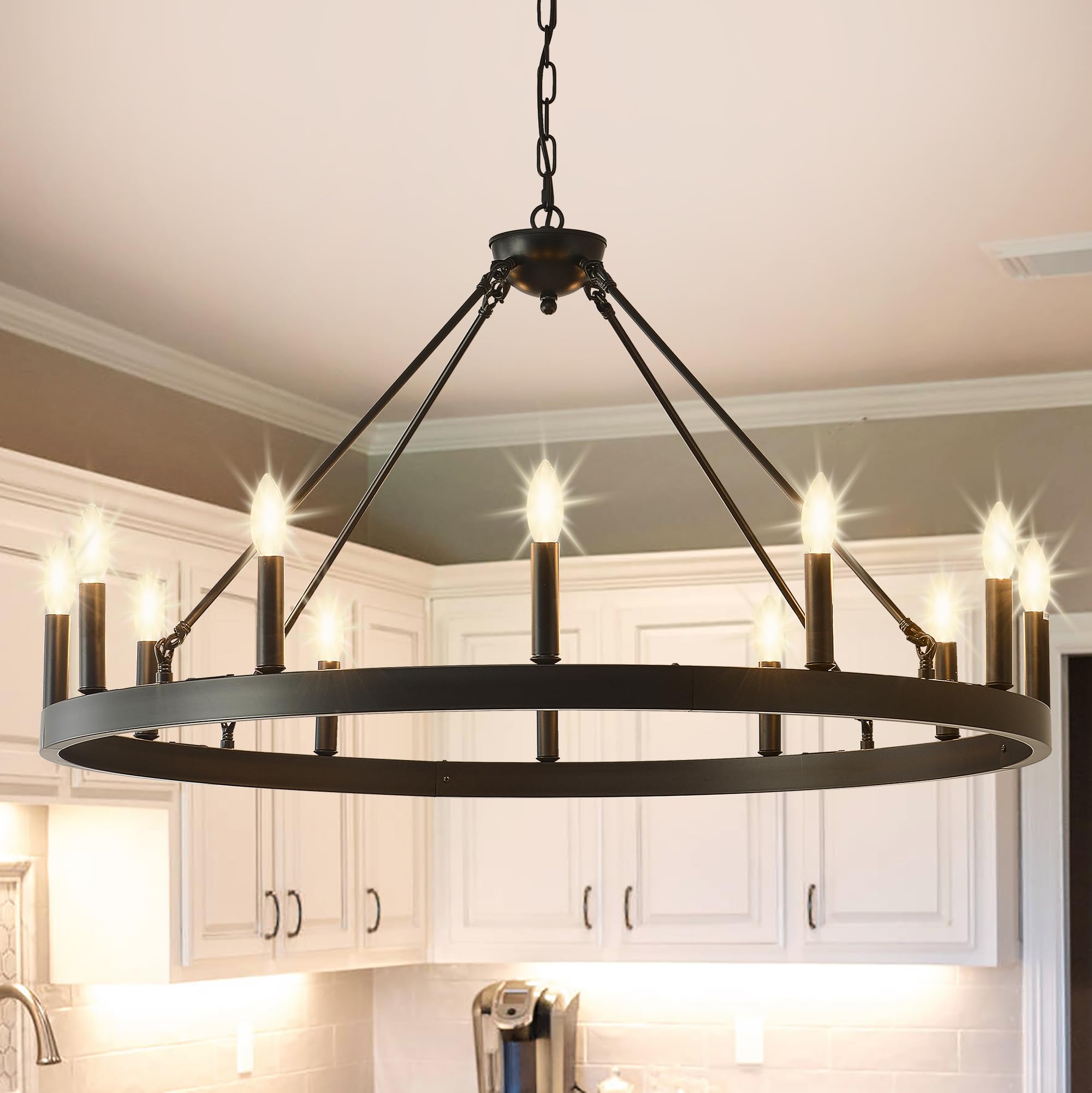 JTYP 40 Inch Black Farmhouse Wagon Wheel Chandelier,12-Light Round Industrial Pendant Light fixtures for Outdoor Porch high Ceil