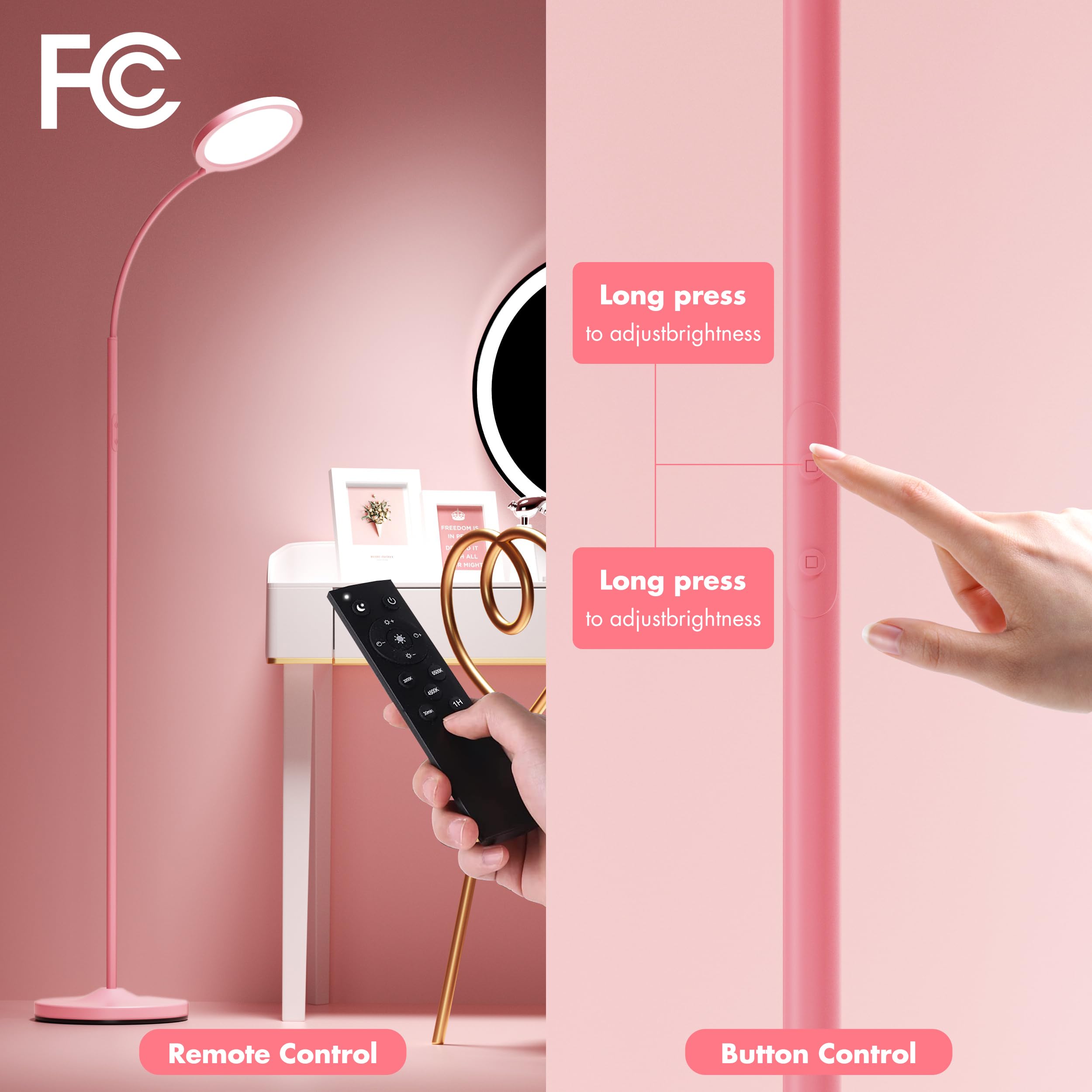 Luckystyle Pink Floor Lamp,Super Bright Dimmable Led Lamps For Living Room, Custom Color Temperature Standing Lamp With Remote Push Button, Adjustable Gooseneck Reading Floor Lamp For Bedroom Office