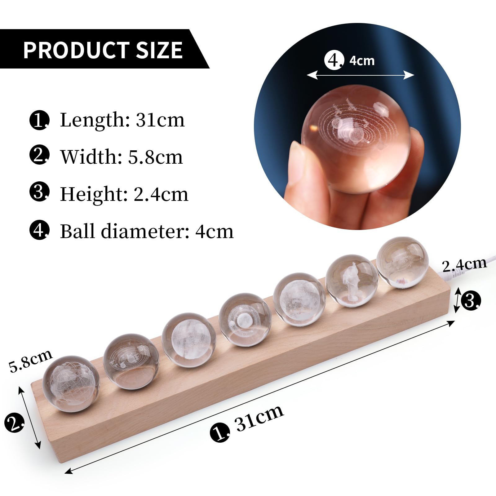 7 Pcs Planet Crystal Ball Night Light Celestial Balls Lamp With Led Wooden Base, 3D Earth Moon Saturn Galactic System Crystal Ba
