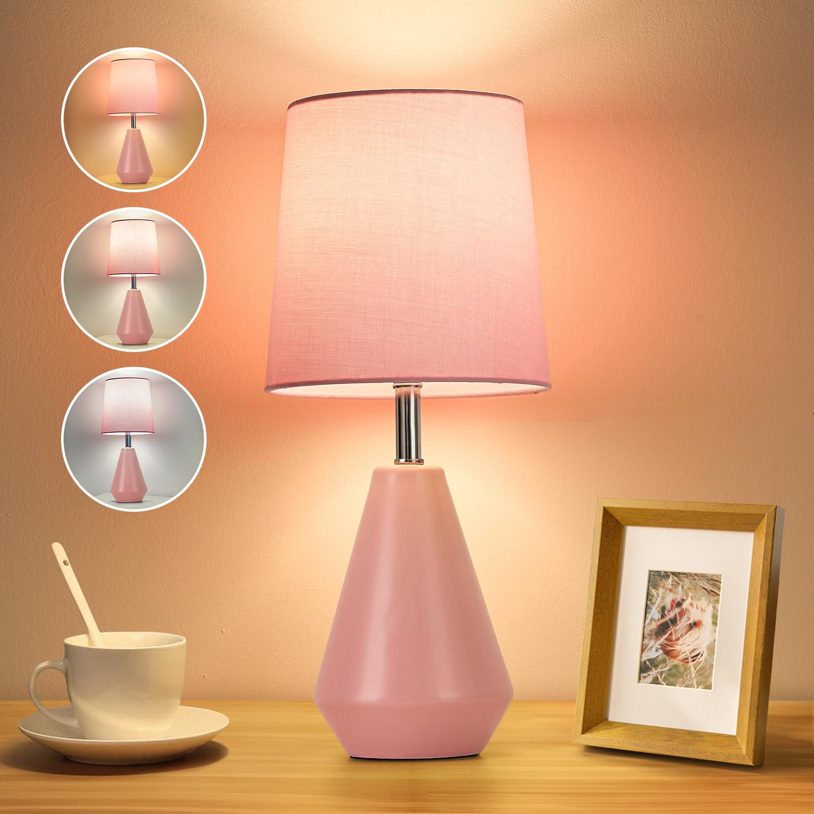 bdayanx Small Bedside Table Lamp for Bedroom - Reading Desk Lamp with 3 Color Temperatures 15.5 Nightstand Ceramic Lamp with Fabric Shade for Kids Room Living Room Dorm Home Office (Pink)
