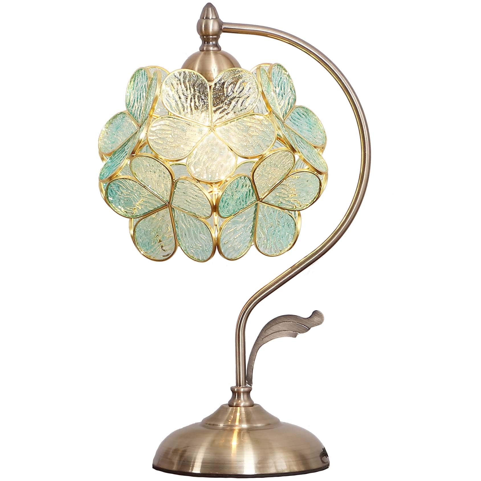Bieye L10733 Tiffany Style Stained Glass Flower Petal Table Lamp with Brass Base for Home D  cor (Light Blue, 8'' Cherry Blossom