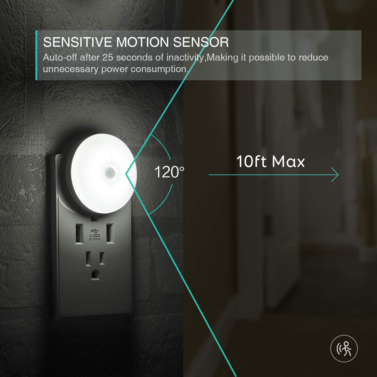 myCozyLite LED Motion Sensor Night Light, 2 Pack, Energy Efficient, Daylight White, Plug-in, for Bathroom, Bedroom, Kitchen, Hallway