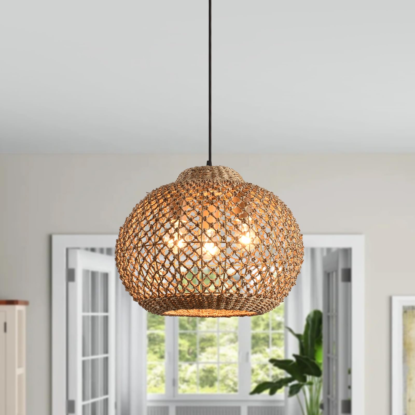 LHJIHFU3- Light 16.94'' Rattan Pendant Light Fixture, Ceiling Hanging Handmade Woven Wicker Bohemian Lighting Adjustable Height 