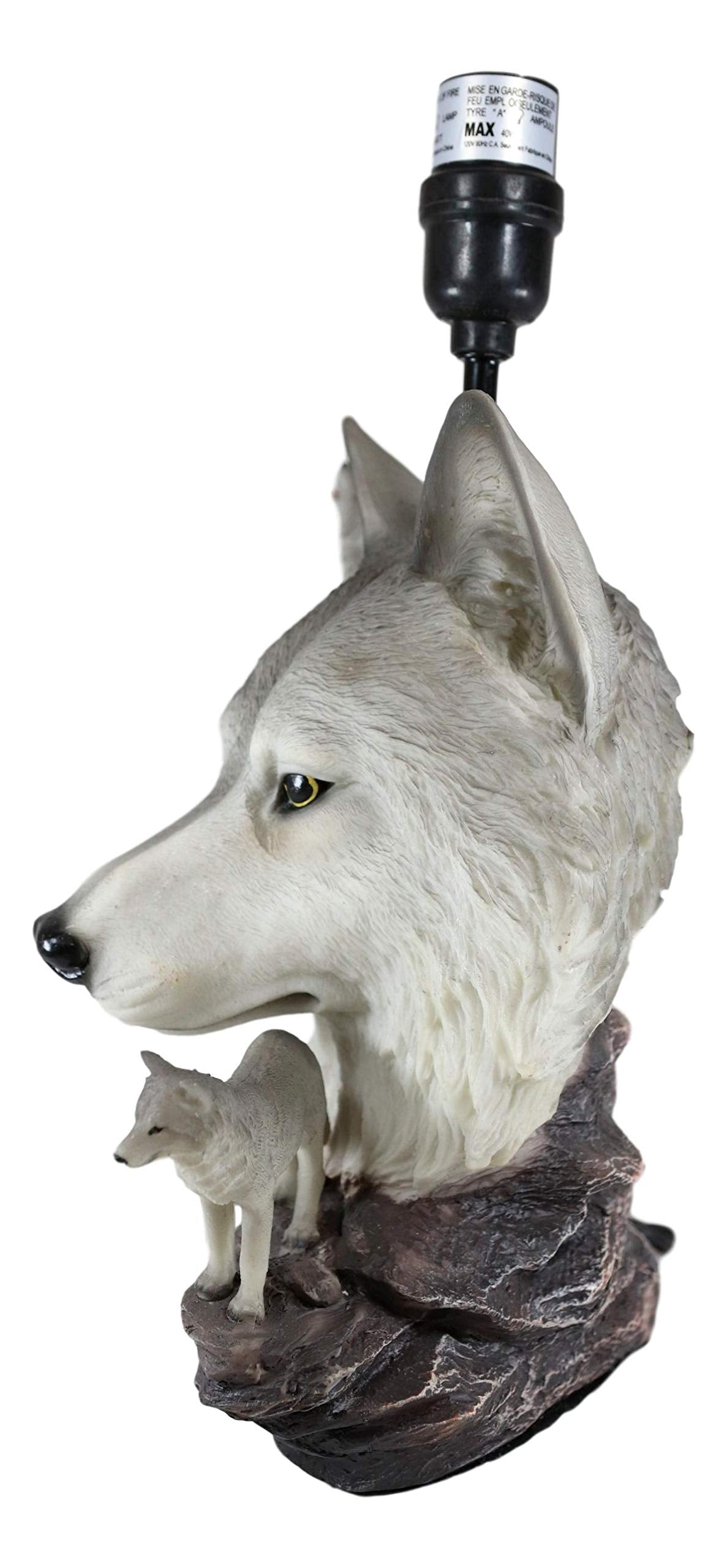 Ebros Gift Wildlife Rustic Full Moon Gray Wolf Akela Head Bust With Howling Wolves On Rocks Sculptural Desktop Side Table Lamp With Shade Home Furnishing 19"Tall Wolves Timber Wolf Family Decor Statue