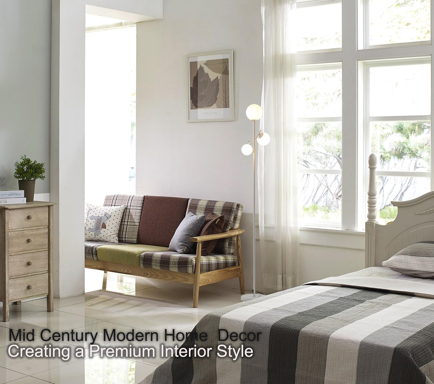 Fiqevs White Mid Century Floor Lamp - 3 Globe Led Tree Lamp For Living Room & Office