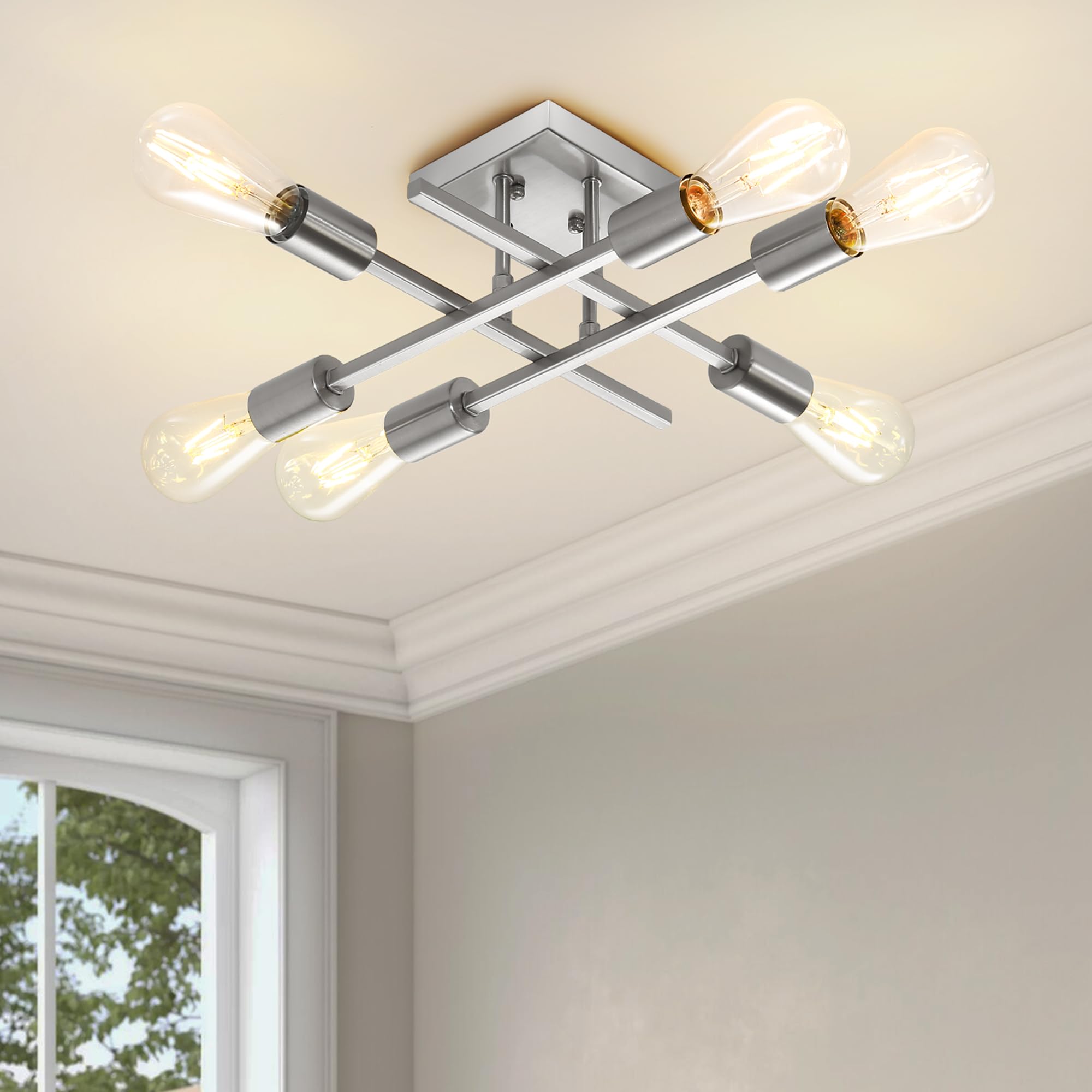 Eidonta 6-Light Semi Flush Mount Ceiling Light Fixture, Modern Brushed Nickel Sputnik Chandelier Lighting, Farmhouse E26 Stock C